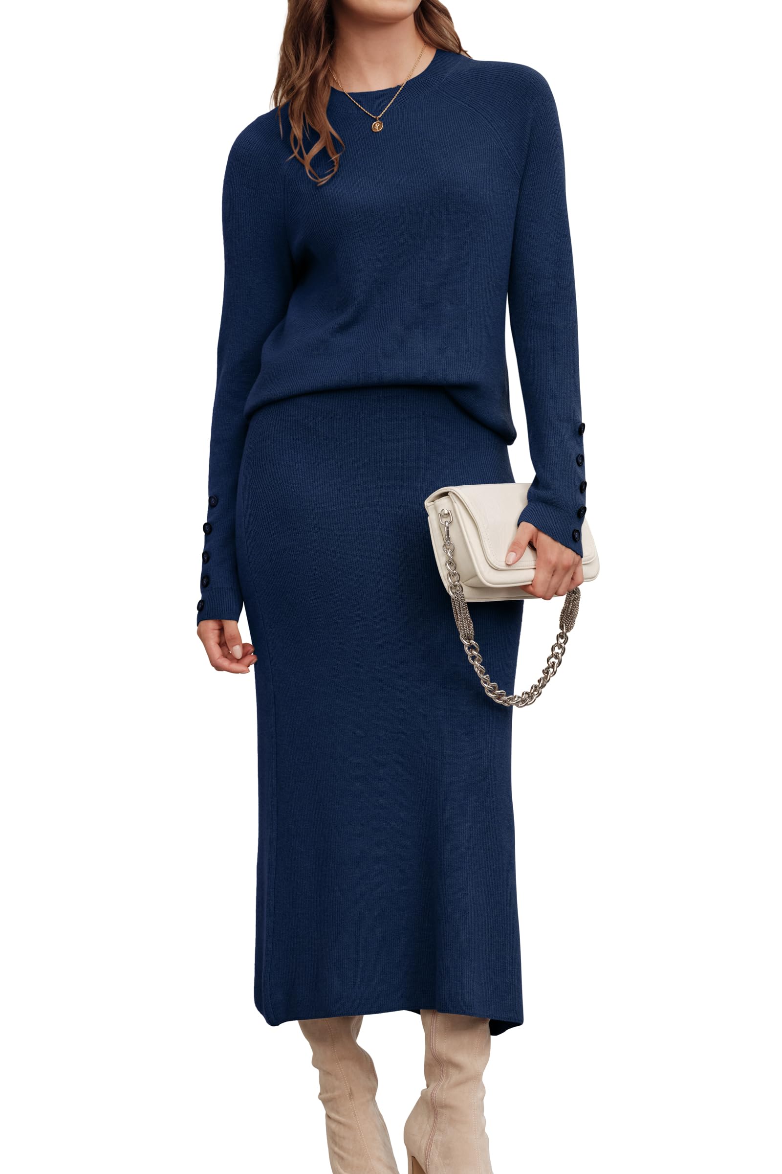 Arach&Cloz Women's Wool Blend Sweater 2 Piece Sets Winter Business Long Sleeve Top Midi Skirts Outfits 2025