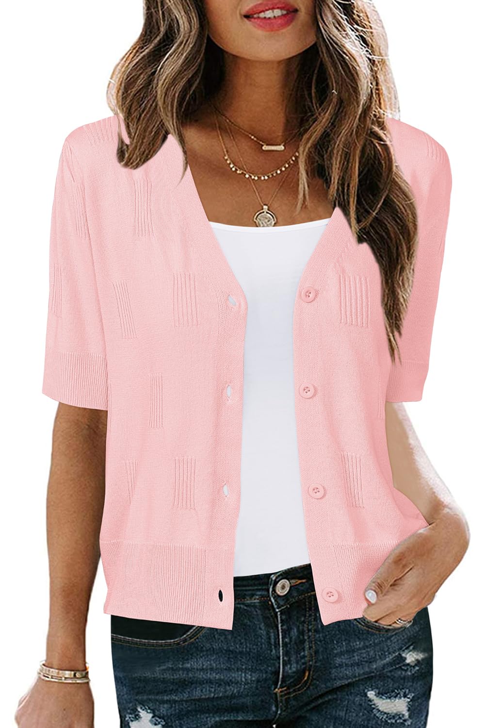 Arach&Cloz Women's Lightweight Summer Business Casual Cropped Short Sleeve Cardigan