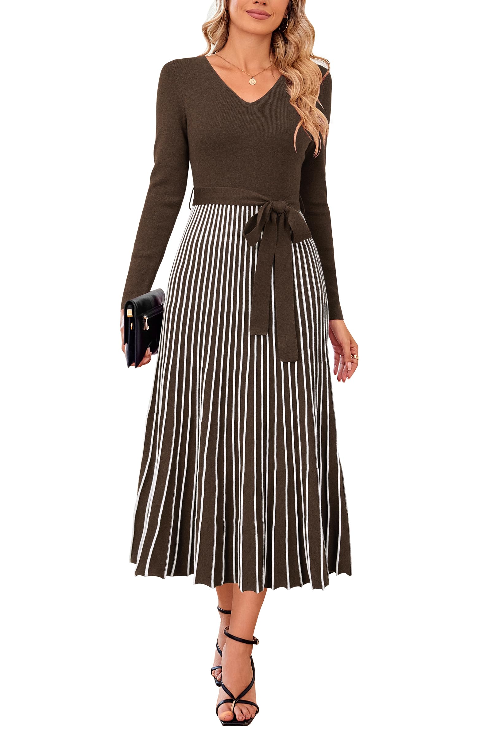 Arach&Cloz Women's Wool Blend Tie Waist Pleated Fall Sweater Dress 2025