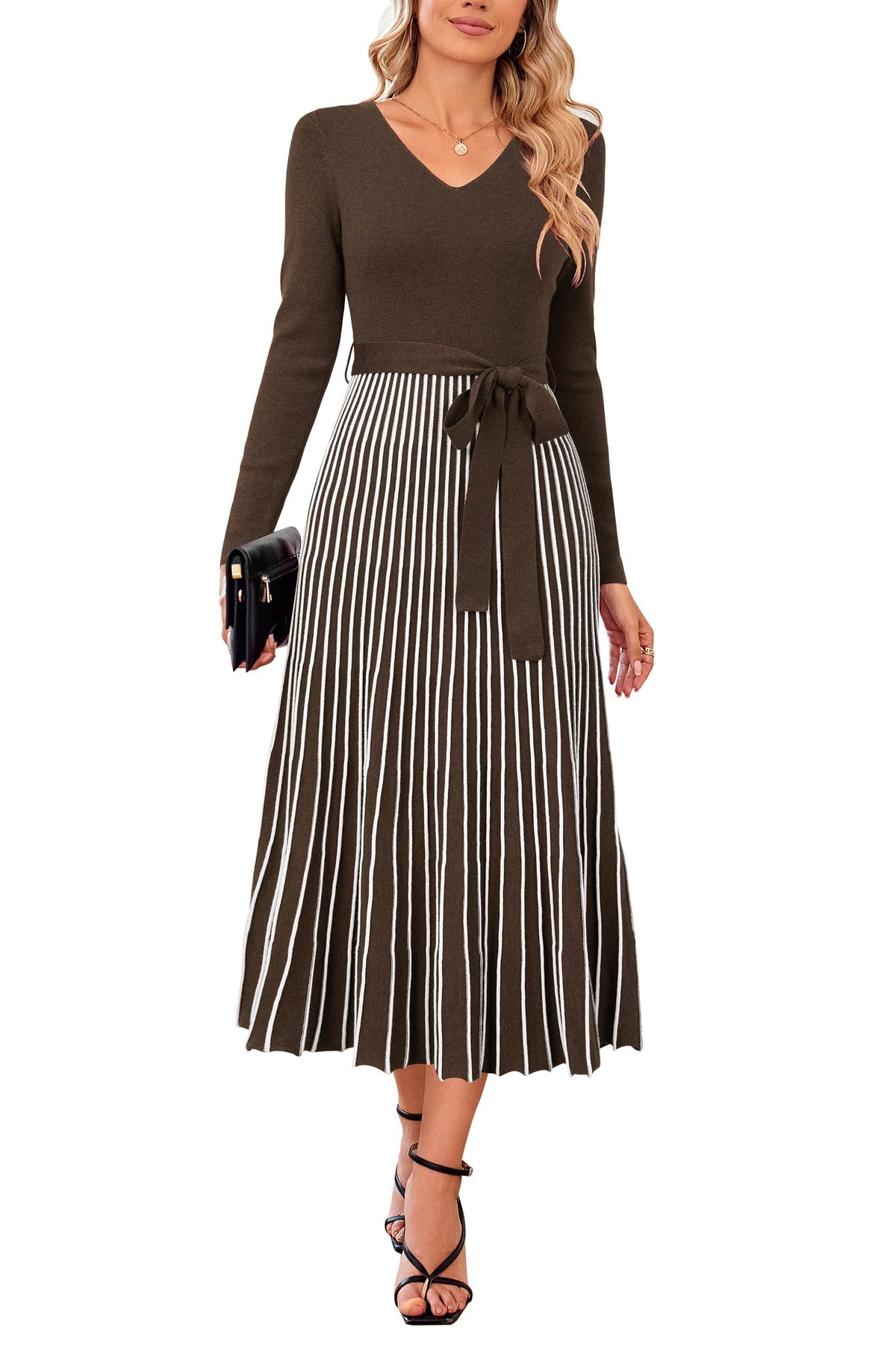 Arach&Cloz Wool-Blend Tie-Waist Pleated Dress — product image 10