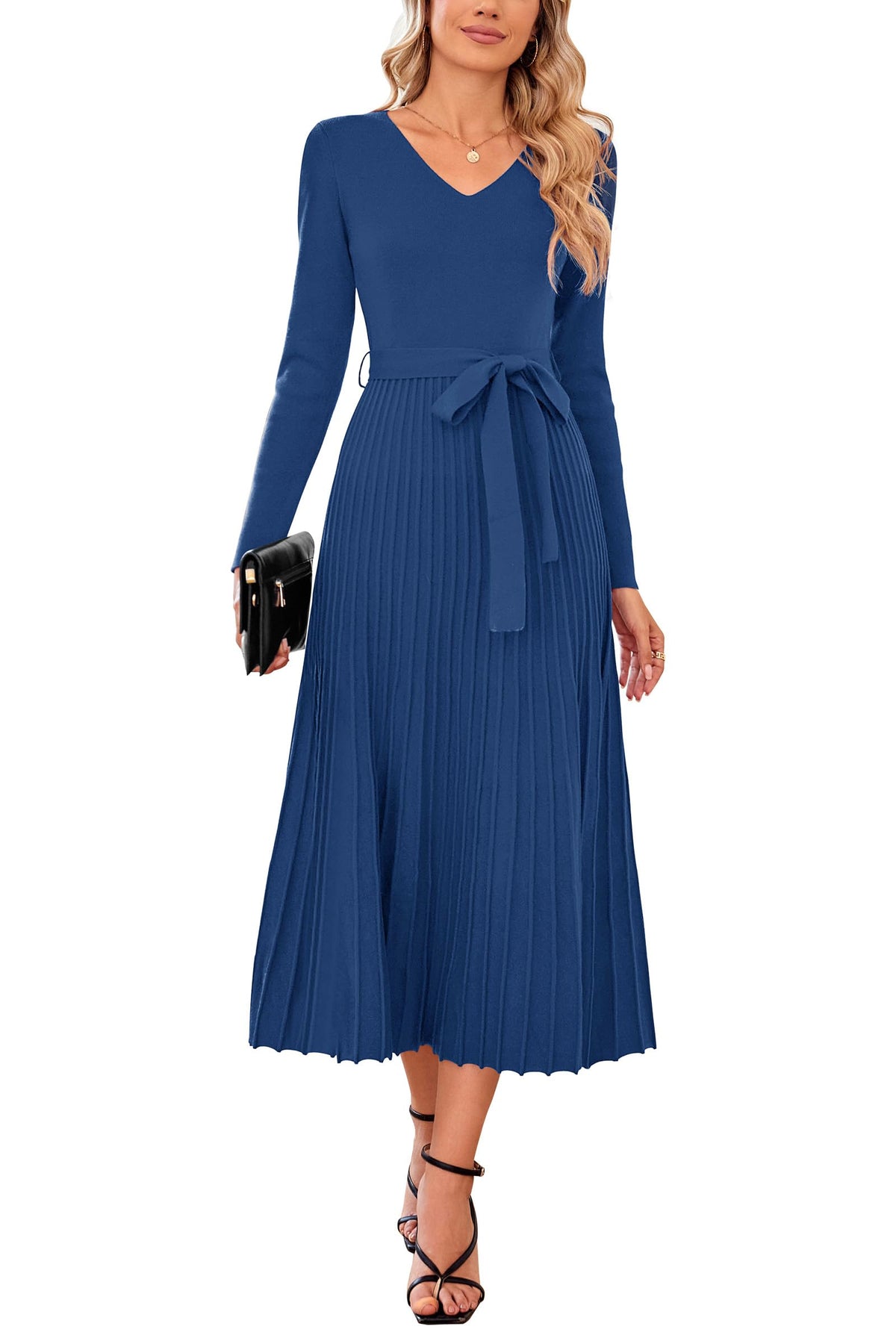 Arach&Cloz Wool-Blend Tie-Waist Pleated Dress — product image 7