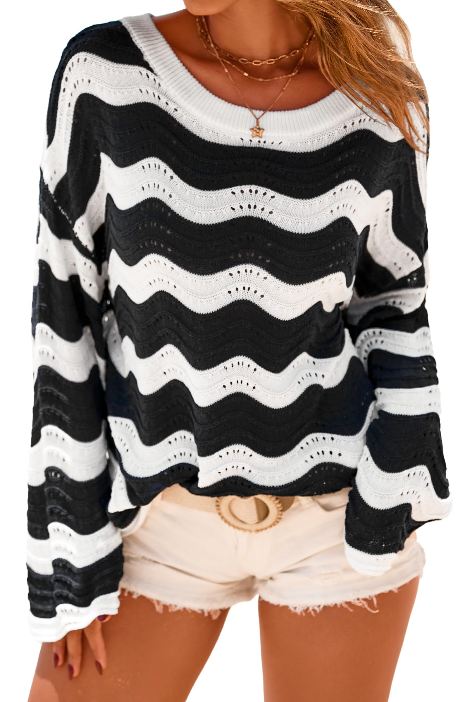 Arach&Cloz Women's Linen Blend Crochet Bell Sleeve Beach Vacation Striped Tops 2026