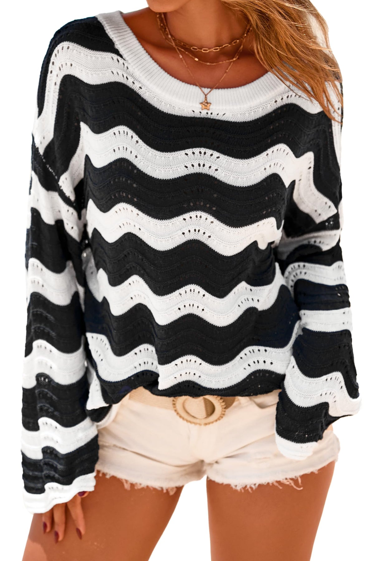 Arach&Cloz Linen-Blend Crochet Striped Knit Top — product image 5