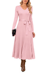 Arach&Cloz Women's Wool Blend Tie Waist Pleated Fall Sweater Dress 2025