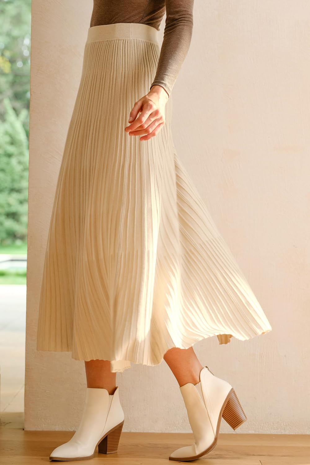 Arach&Cloz Women's Wool Blend Wide Elastic Band A-Line Pleated Flowy Long Skirts 2025