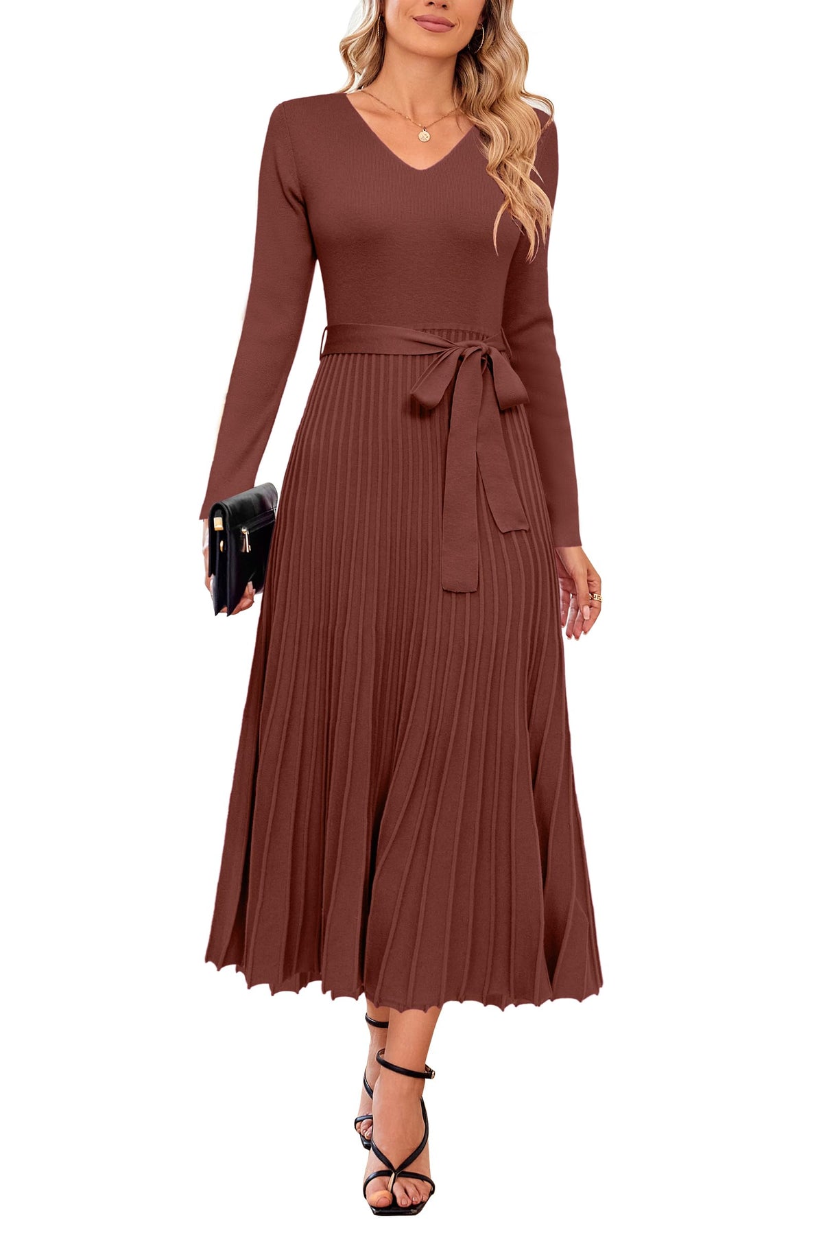 Arach&Cloz Wool-Blend Tie-Waist Pleated Dress — product image 5