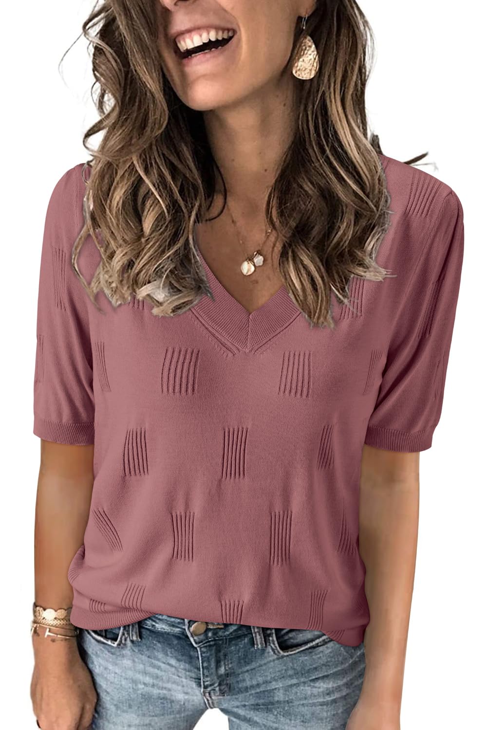 Arach&Cloz Women's Lightweight Fall Sweater Tops Casual Short Sleeve Blouses Shirts