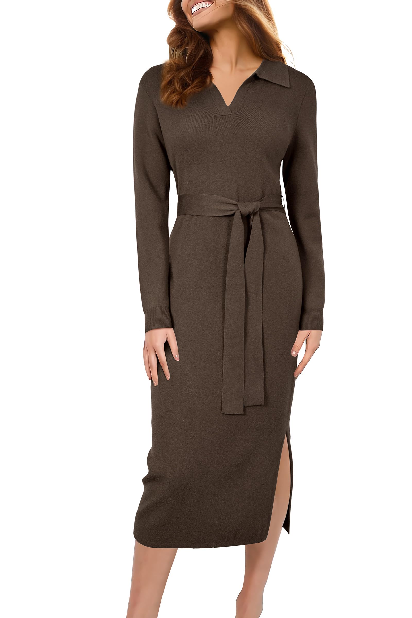 Arach&Cloz Women's Wool Blend Side Slit Polo Sweater Dresses 2025 Fall Business Casual Outfits