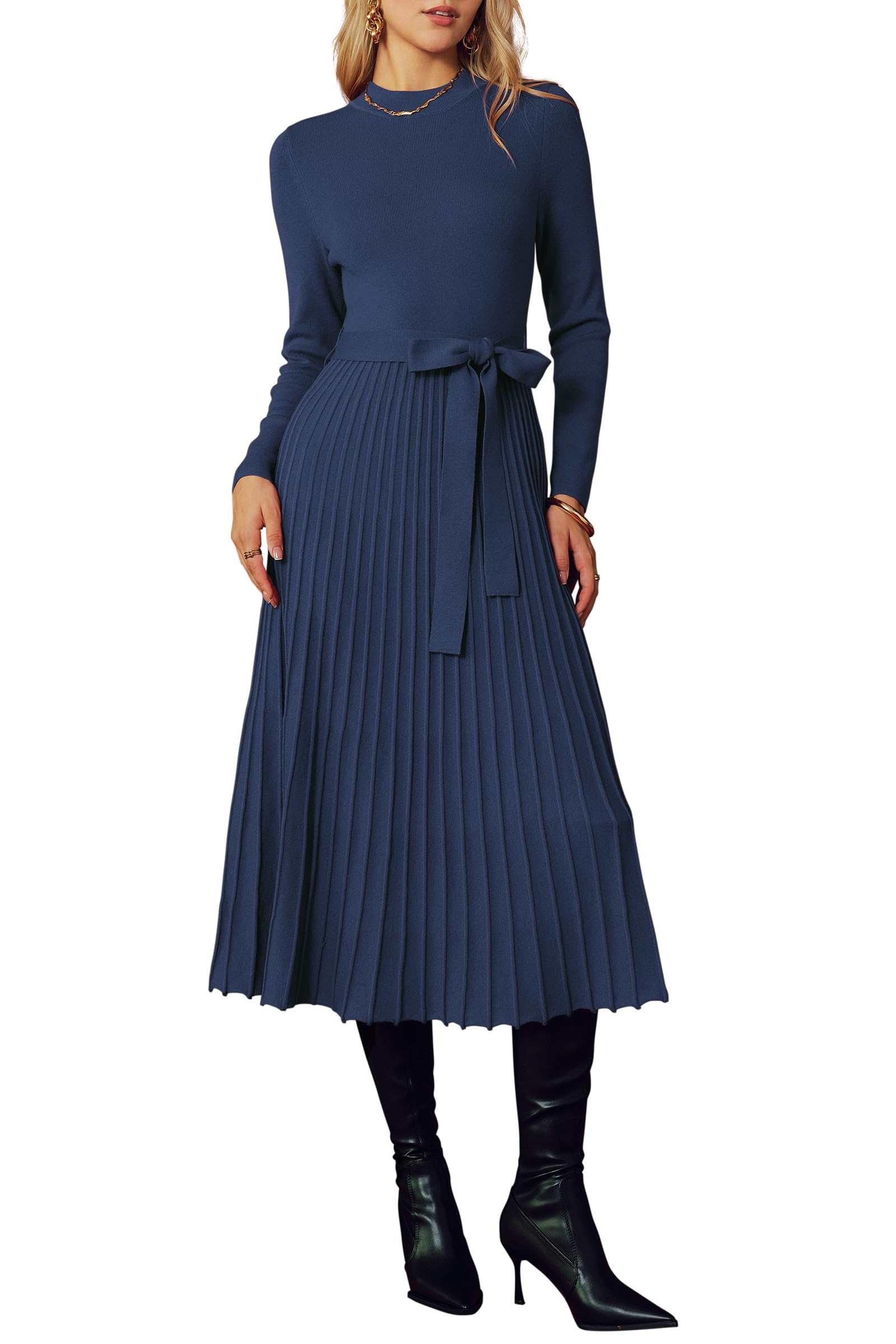 Arach&Cloz Women's Wool Blend Mock Neck Tie Waist Fall Winter Pleated Sweater Dress 2025