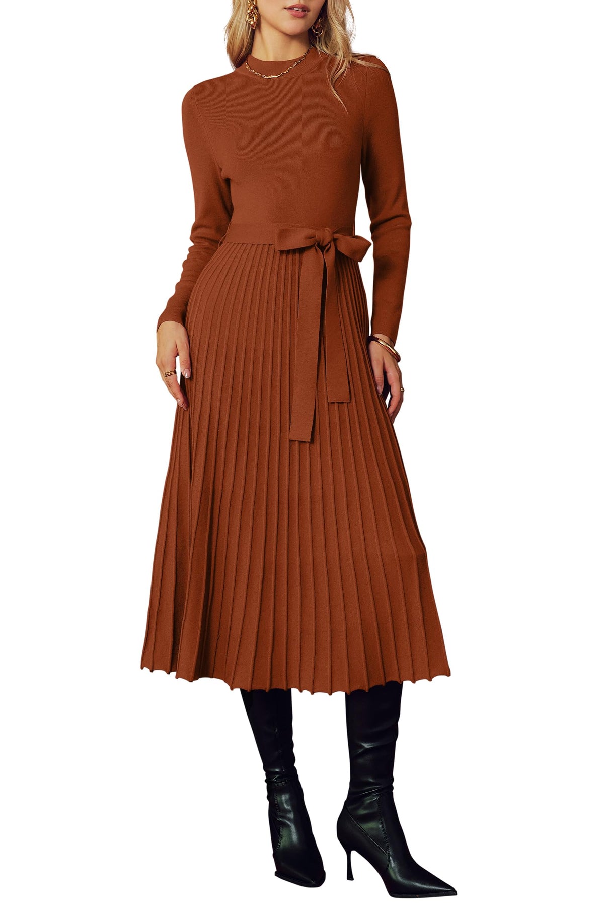 Arach&Cloz Wool-Blend Tie-Waist Mock-Neck Pleated Dress — product image 12