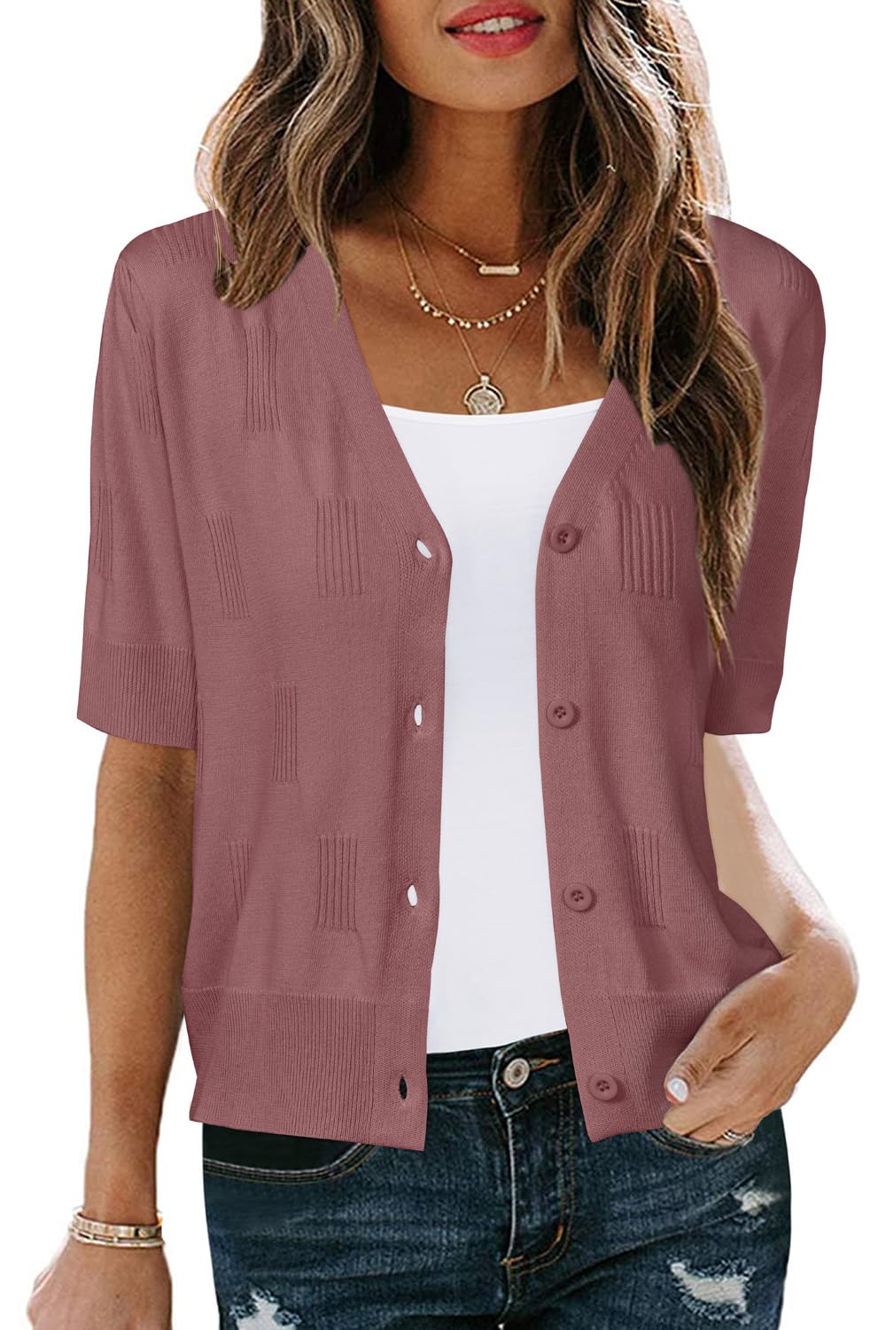 Arach&Cloz Women's Lightweight Summer Business Casual Cropped Short Sleeve Cardigan