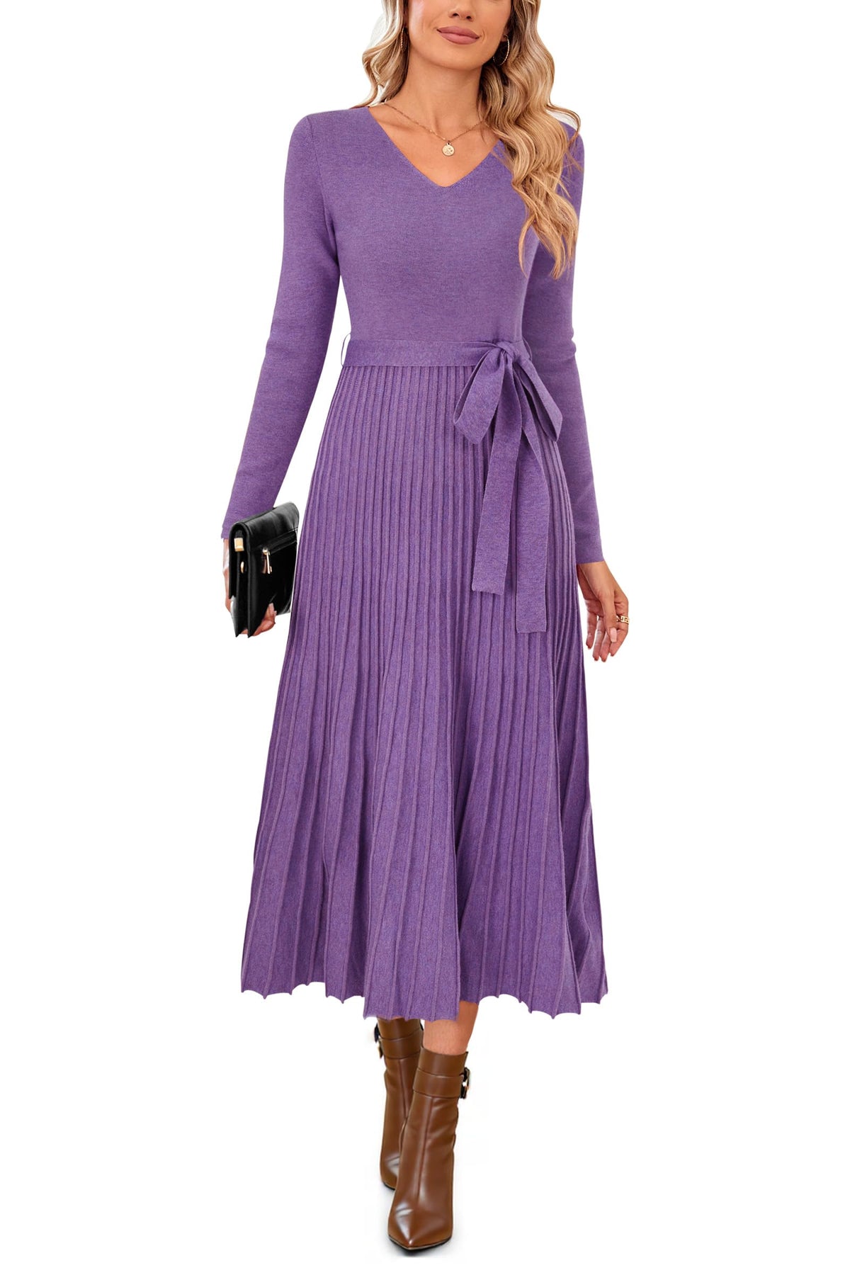 Arach&Cloz Wool-Blend Tie-Waist Pleated Dress — product image 11