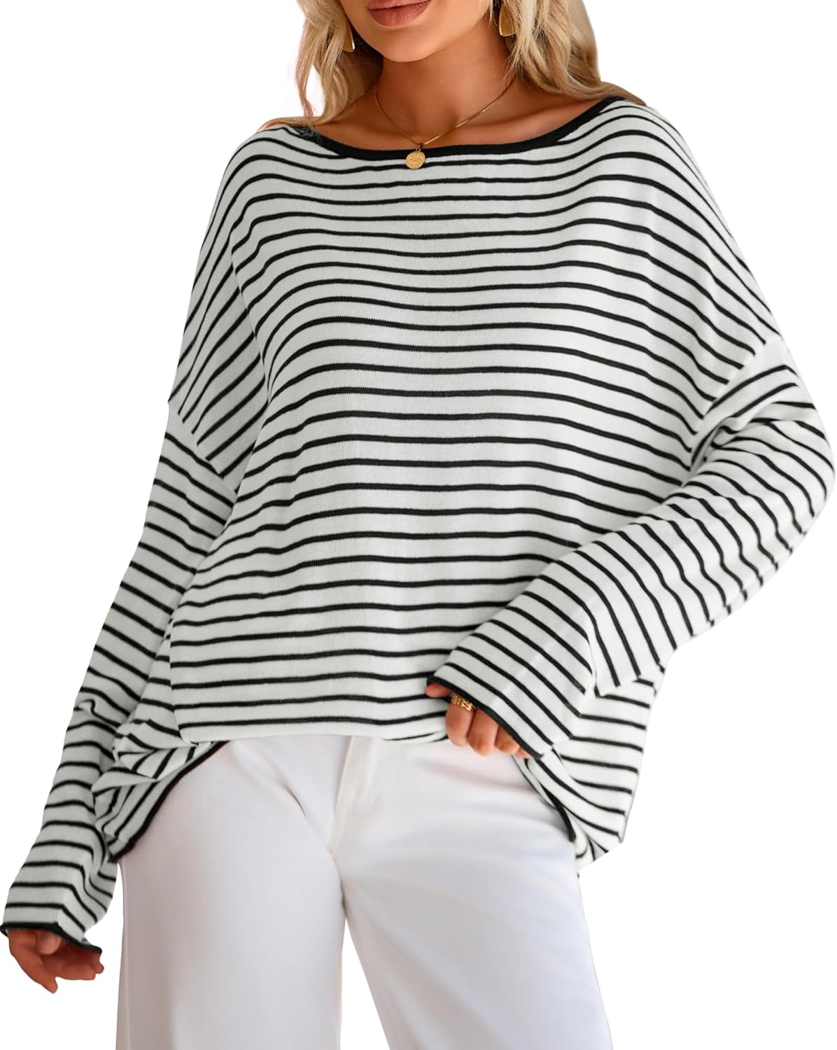 Arach&Cloz Linen-Blend Off-Shoulder Oversized Striped Pullover — product image 1