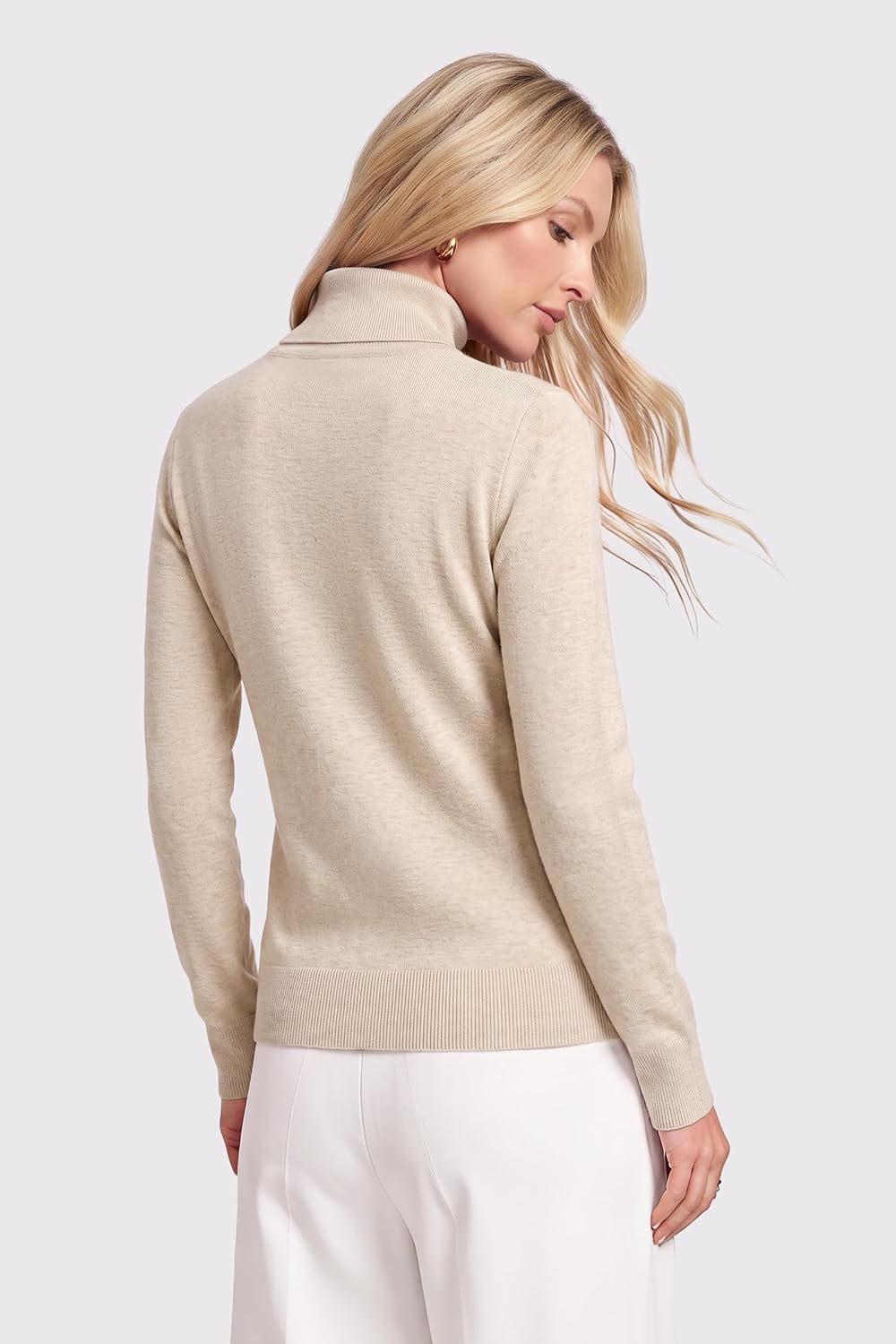 Arach&Cloz Wool-Blend Foldover Turtleneck Pullover — Beige, back view with white trousers