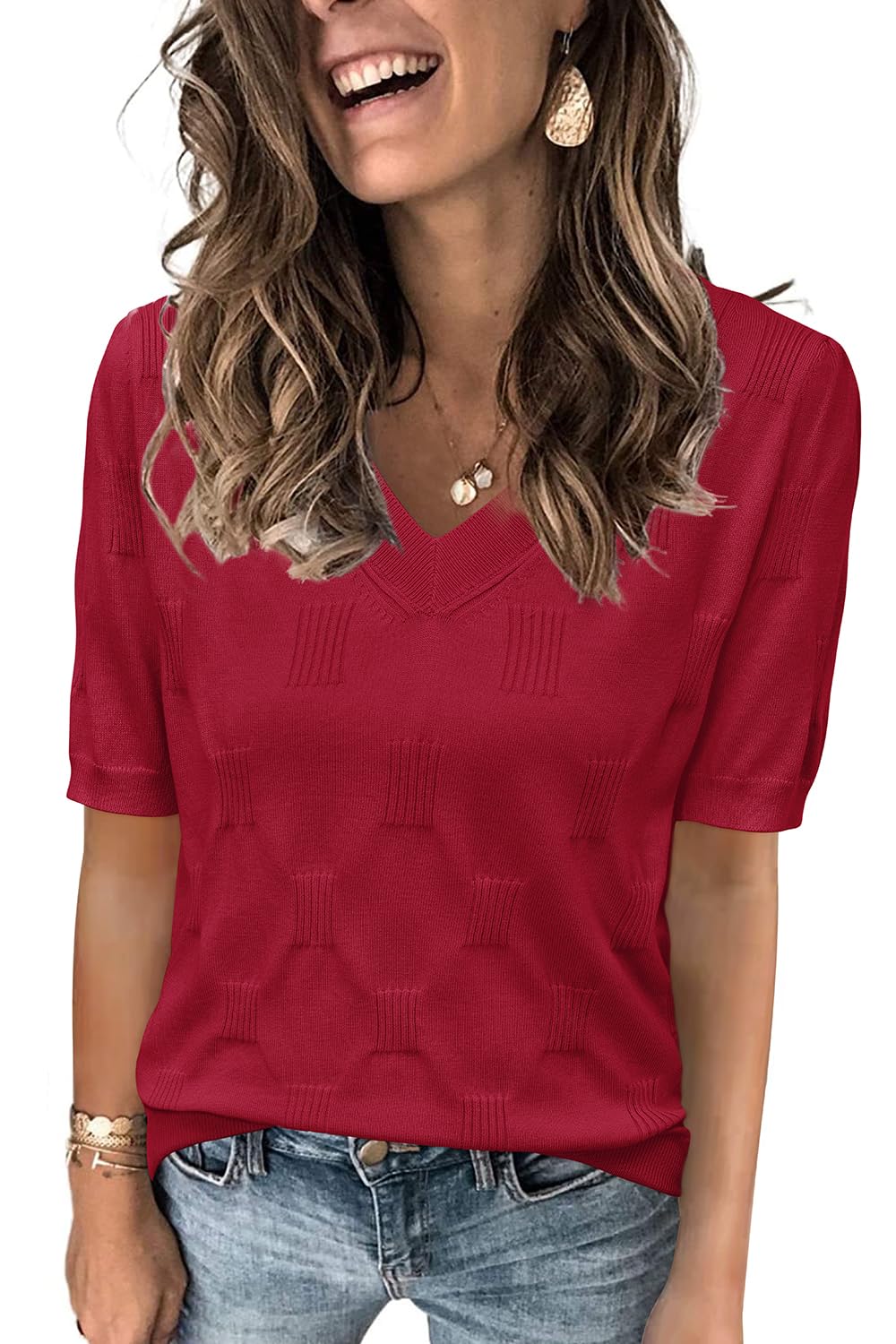 Arach&Cloz Women's Lightweight Fall Sweater Tops Casual Short Sleeve Blouses Shirts