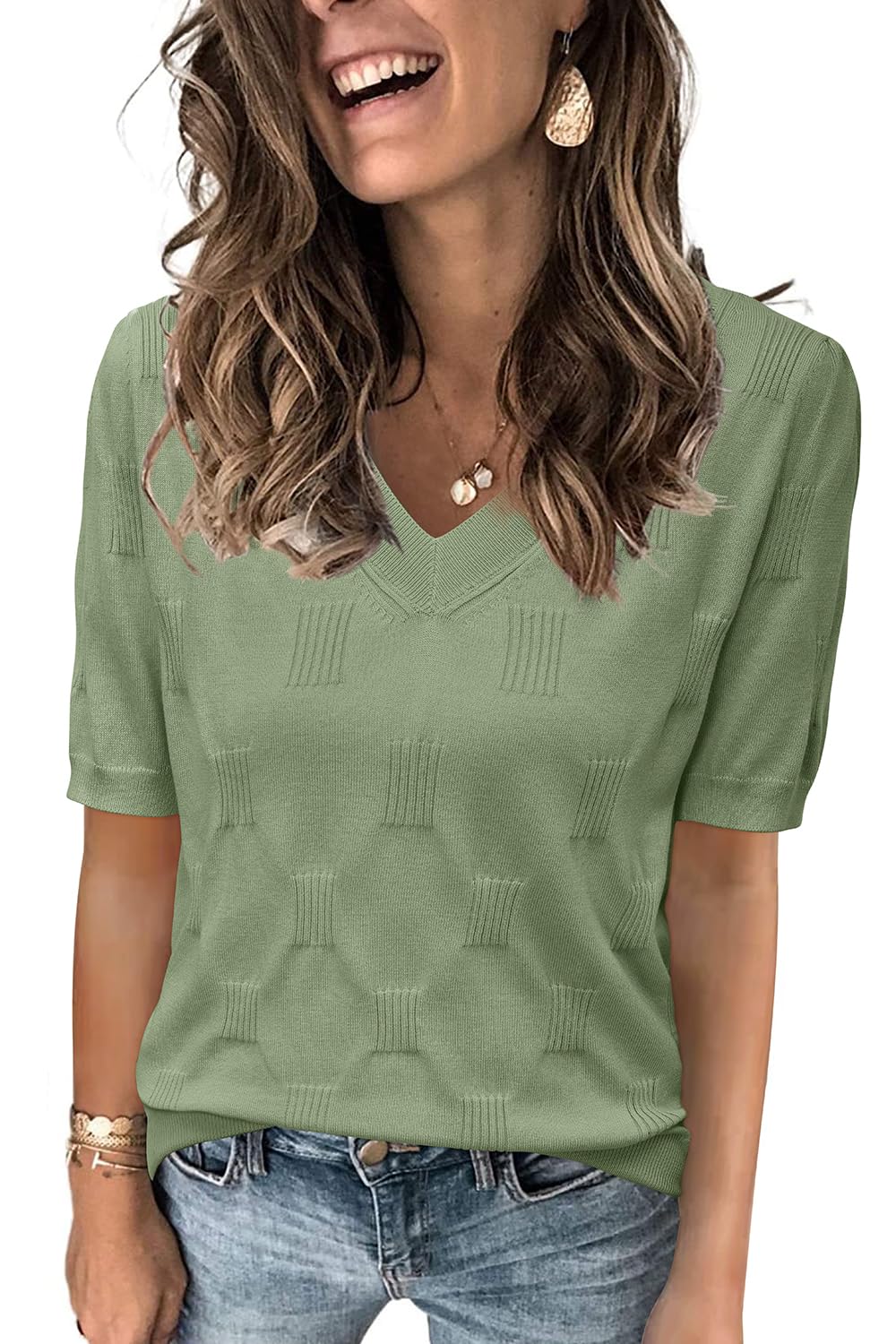 Arach&Cloz Women's Lightweight Fall Sweater Tops Casual Short Sleeve Blouses Shirts