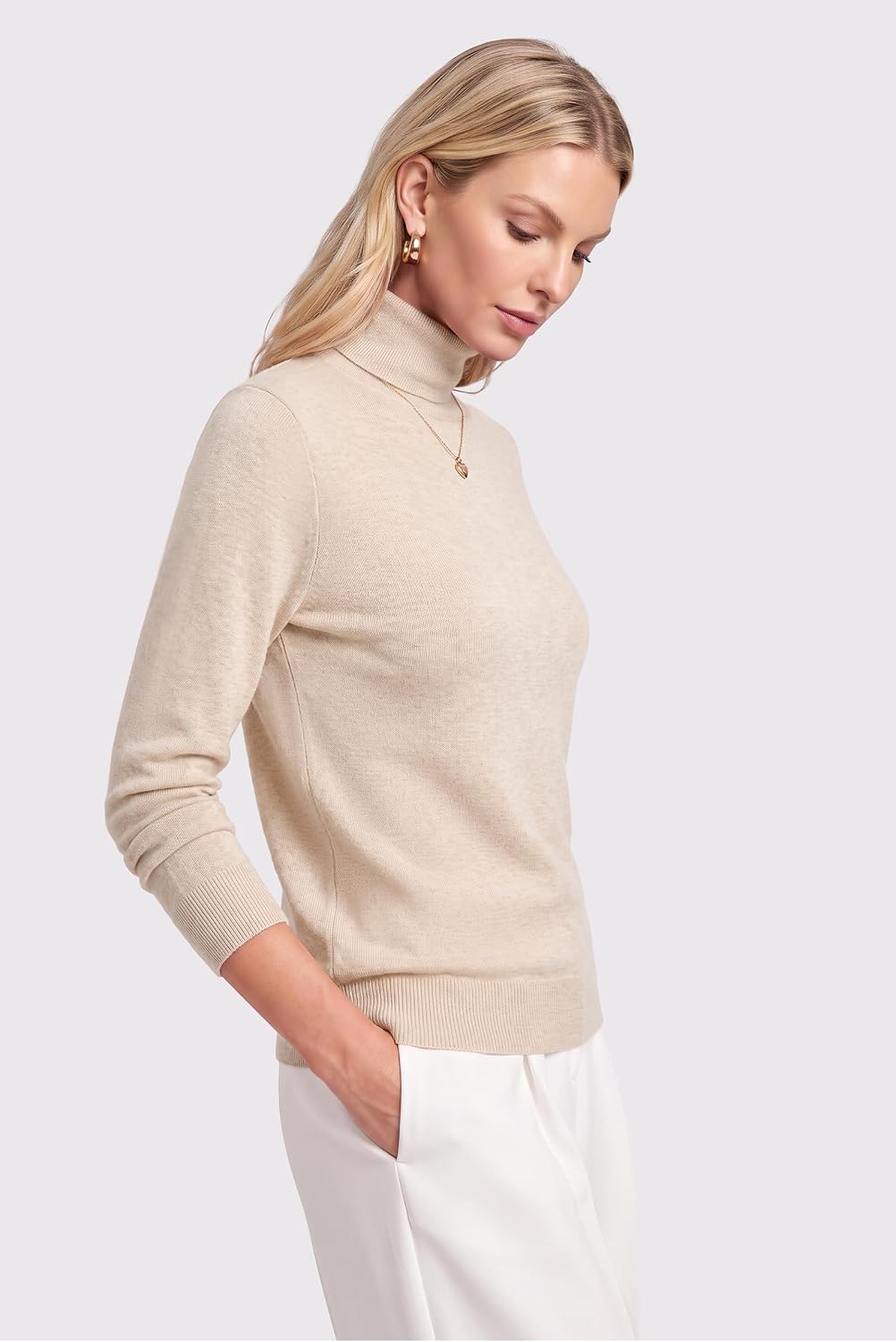 Arach&Cloz Wool-Blend Foldover Turtleneck Pullover — Beige, side view with white trousers