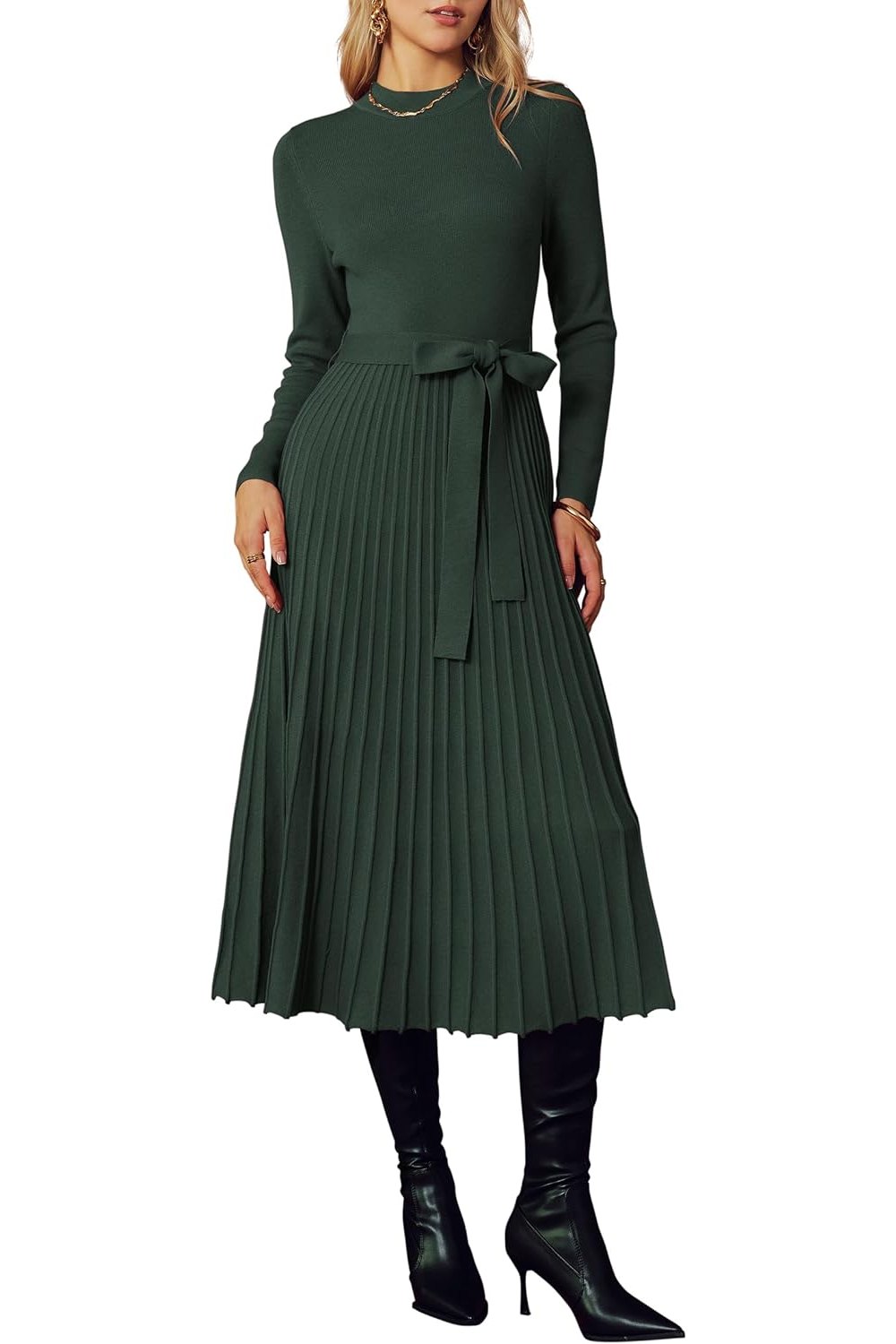 Arach&Cloz Wool-Blend Tie-Waist Mock-Neck Pleated Dress — product image 1