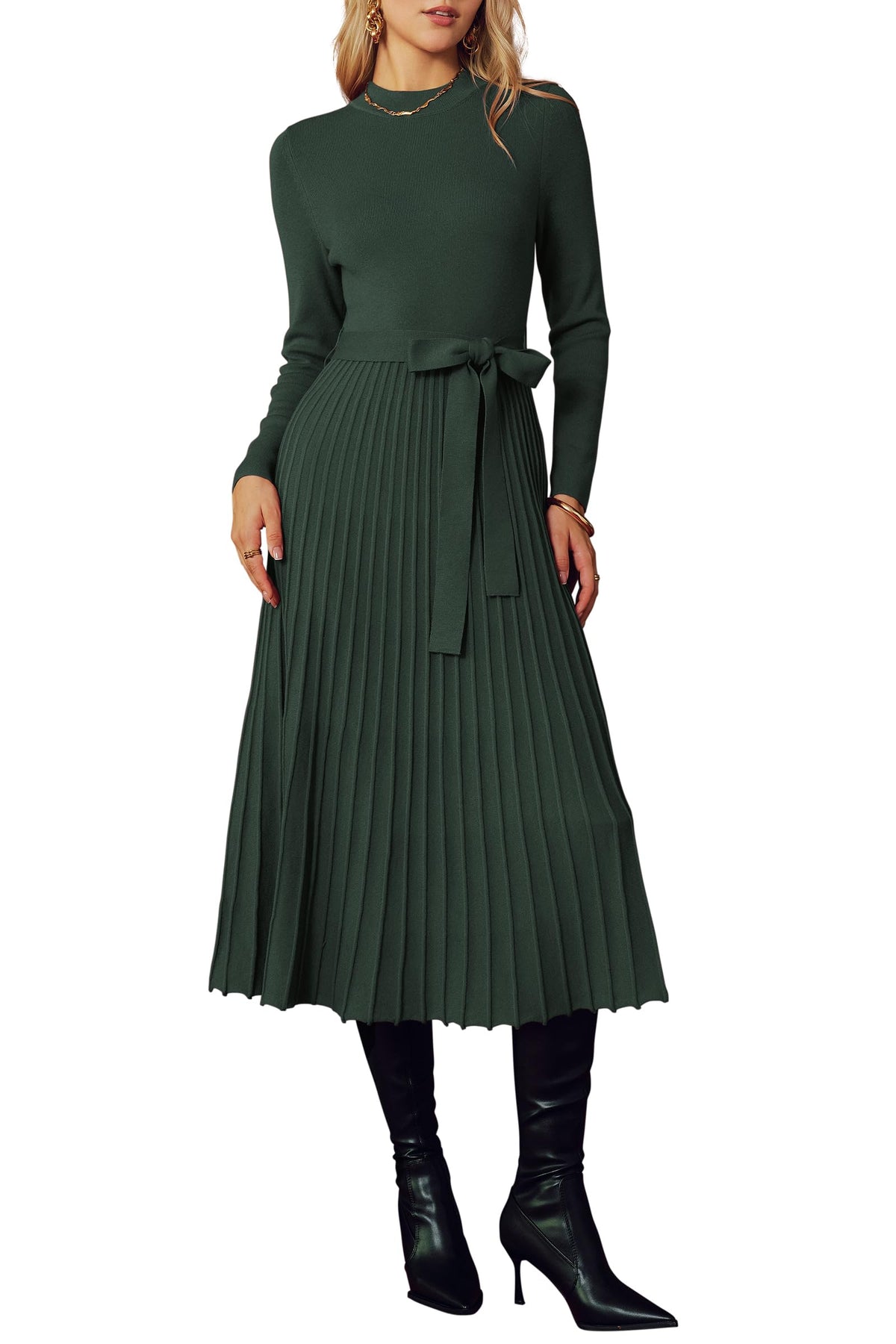 Arach&Cloz Wool-Blend Tie-Waist Mock-Neck Pleated Dress — product image 13