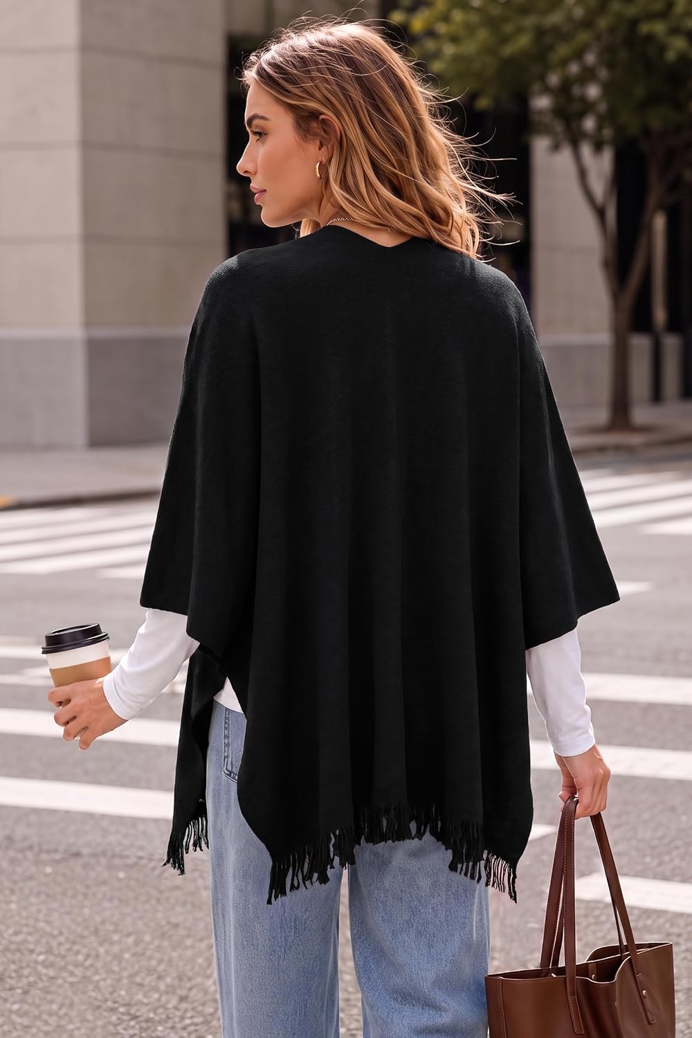 Arach&Cloz Wool-Blend Loop-Front Fringe Shawl — Black, back view showing drape and fringe