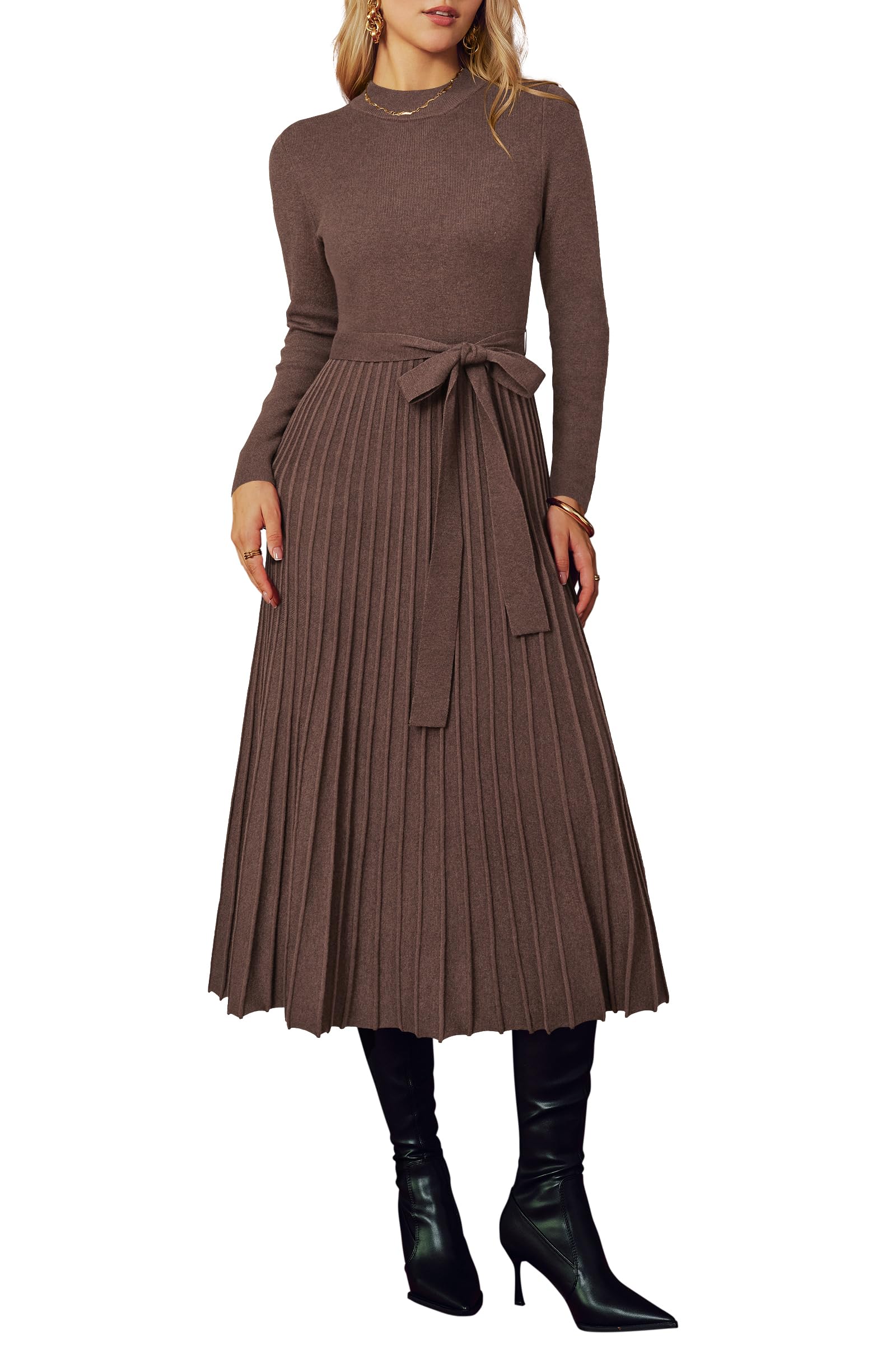 Arach&Cloz Women's Wool Blend Mock Neck Tie Waist Fall Winter Pleated Sweater Dress 2025