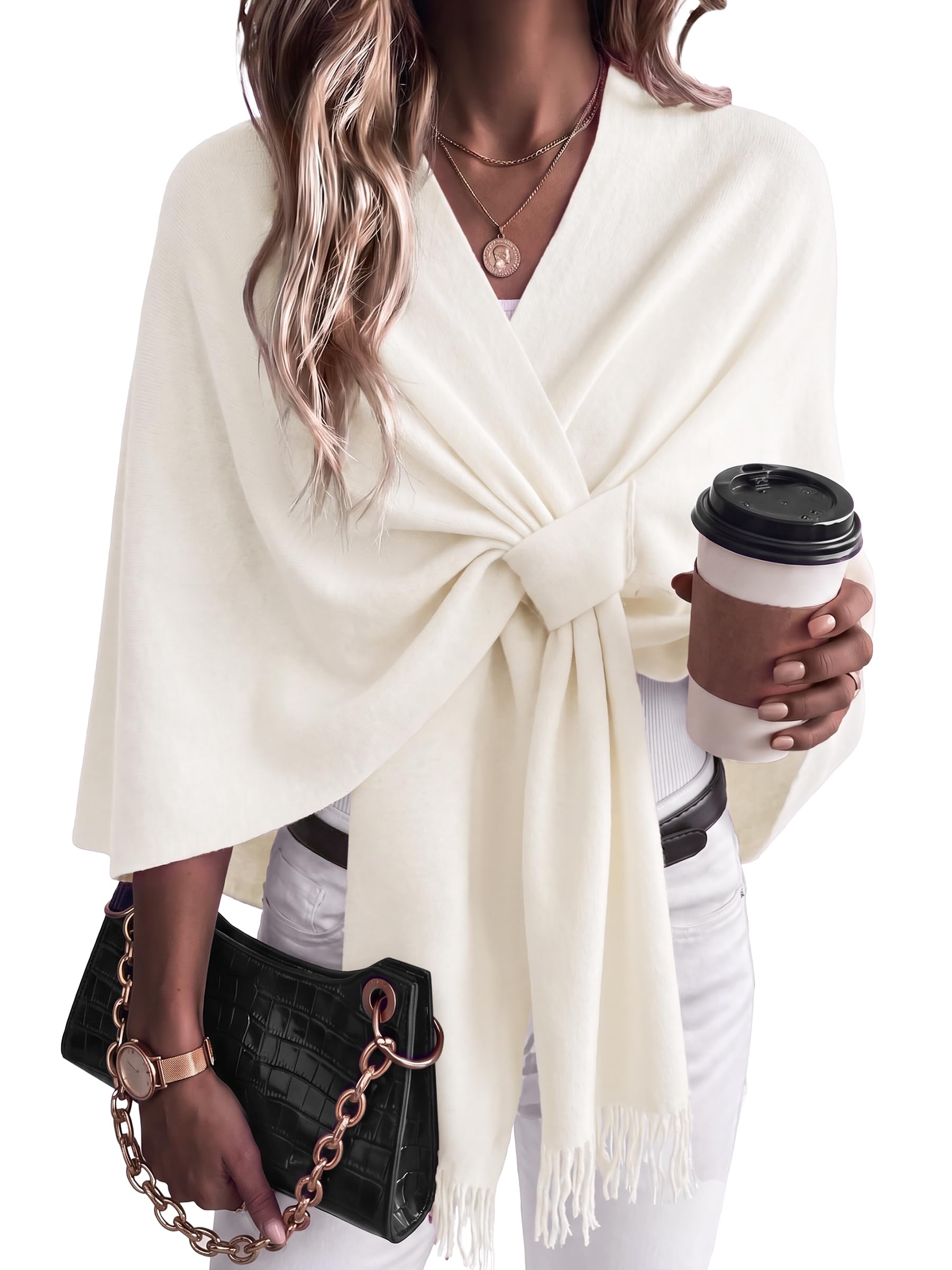 Arach&Cloz Wool-Blend Loop-Front Fringe Shawl — White, looped front with fringe hem