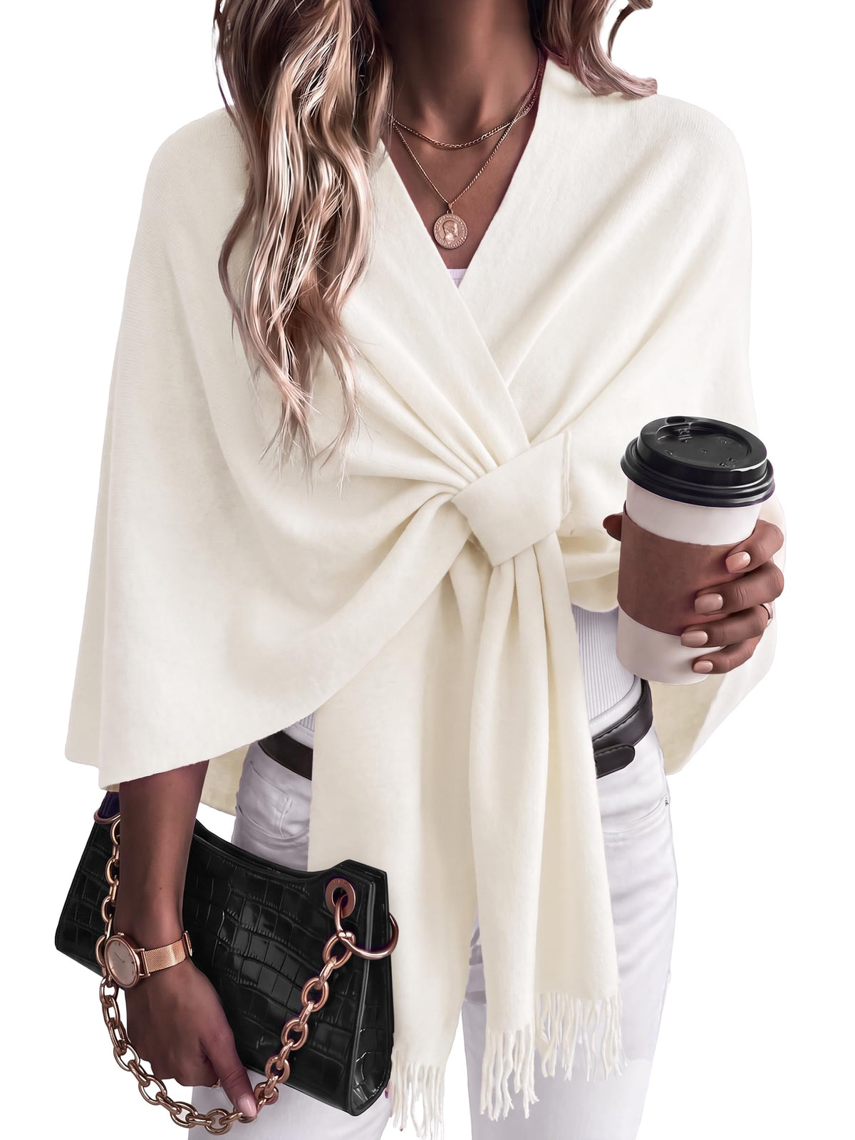 Arach&Cloz Wool-Blend Loop-Front Fringe Shawl — White, looped front with fringe hem
