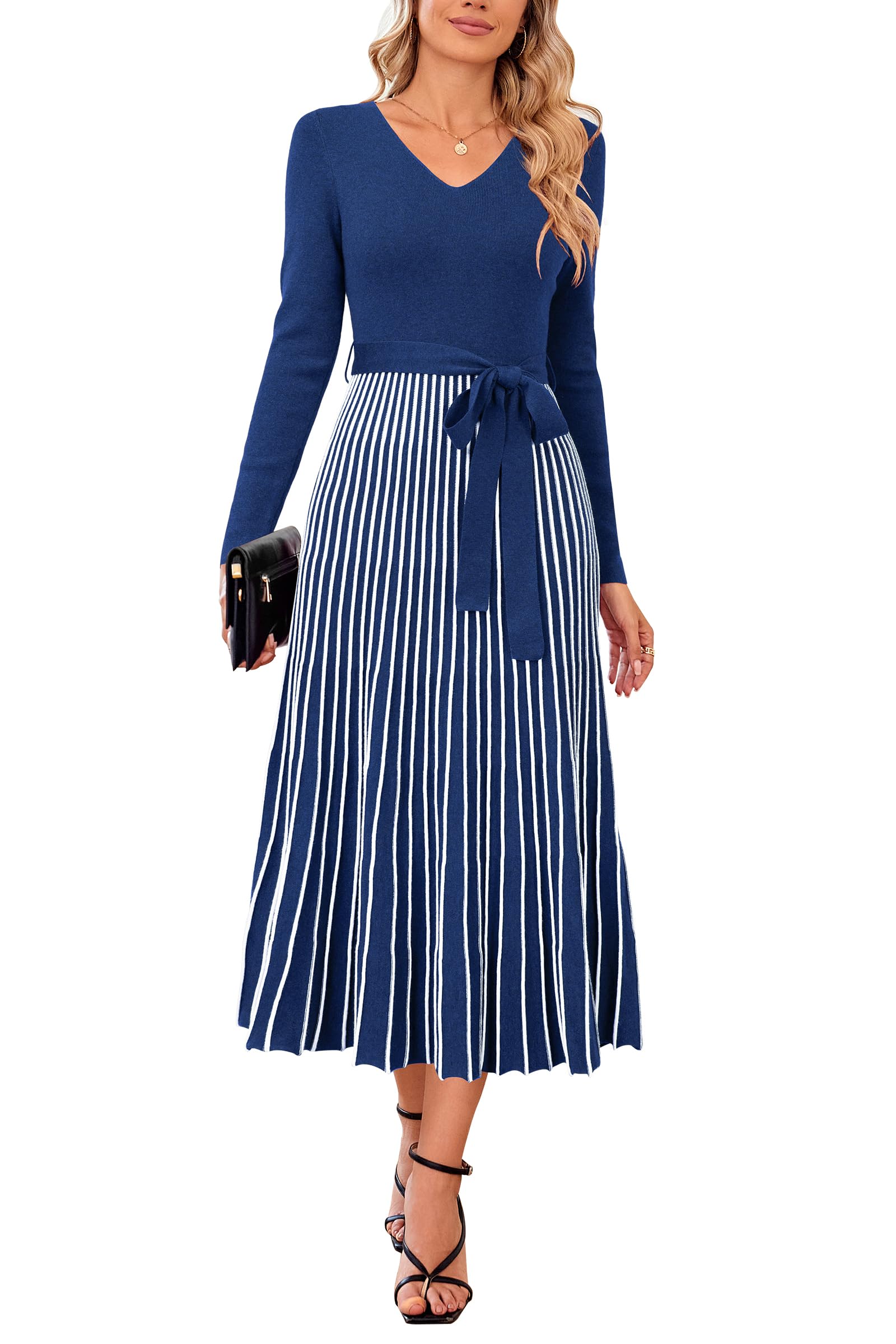 Arach&Cloz Women's Wool Blend Tie Waist Pleated Fall Sweater Dress 2025