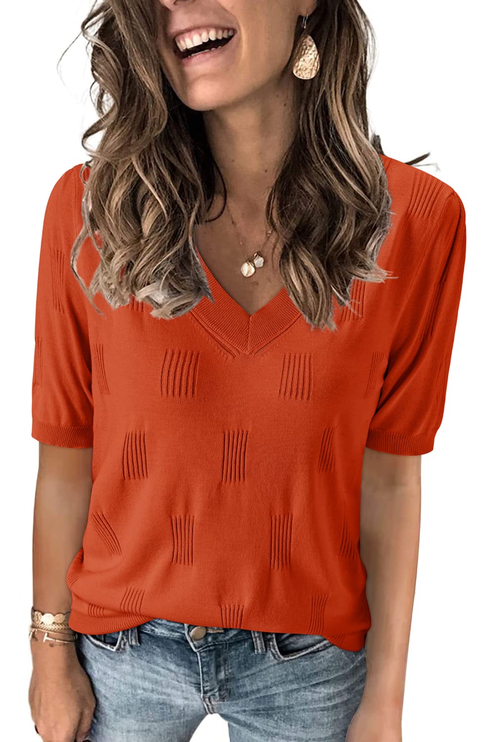 Arach&Cloz Women's Lightweight Fall Sweater Tops Casual Short Sleeve Blouses Shirts