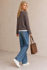 Arach&Cloz Women's Wool Blend 2 in 1 Patchwork V Neck Casual Sweater Tops
