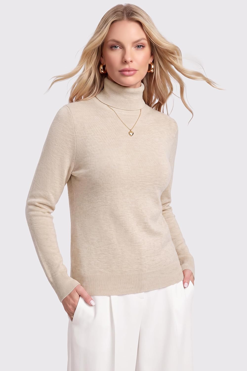 Arach&Cloz Wool-Blend Foldover Turtleneck Pullover — Beige, front view with white trousers