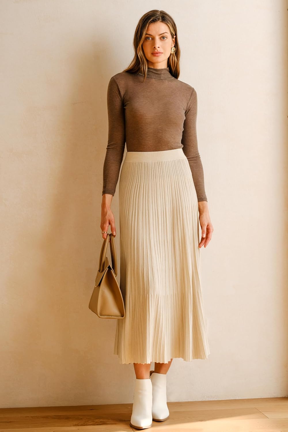 Arach&Cloz Women's Wool Blend Wide Elastic Band A-Line Pleated Flowy Long Skirts 2025