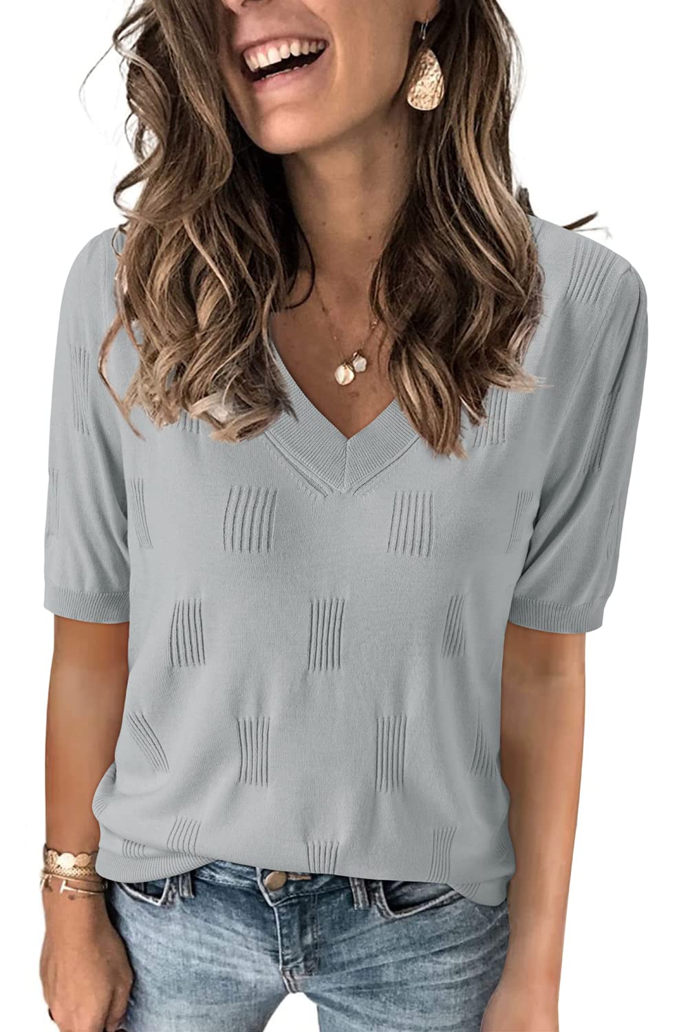 Arach&Cloz Women's Lightweight Fall Sweater Tops Casual Short Sleeve Blouses Shirts