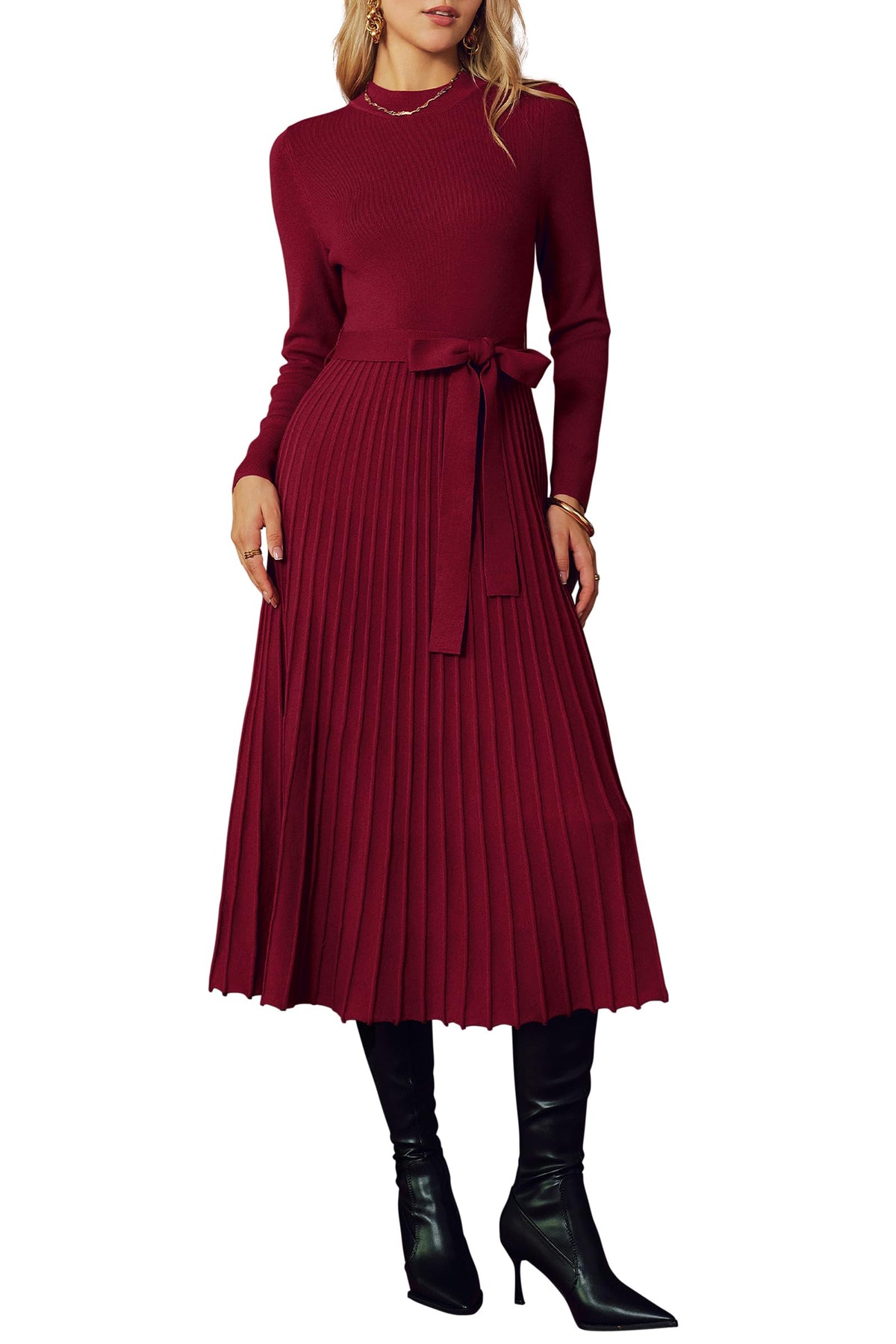 Arach&Cloz Wool-Blend Tie-Waist Mock-Neck Pleated Dress — product image 10