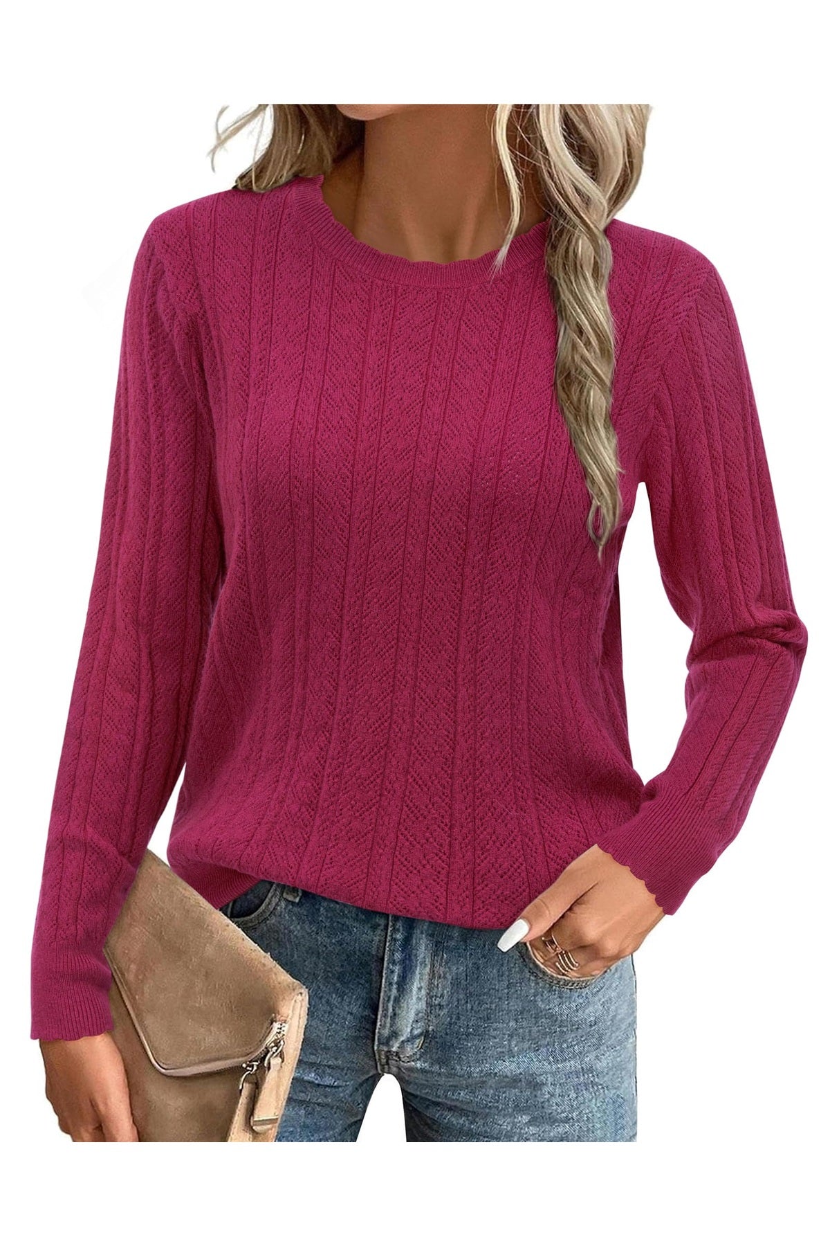 Arach&Cloz Women's Summer Fall Scalloped Lace Cuff Crewneck Tops Textured Shirts