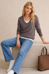 Arach&Cloz Women's Wool Blend 2 in 1 Patchwork V Neck Casual Sweater Tops