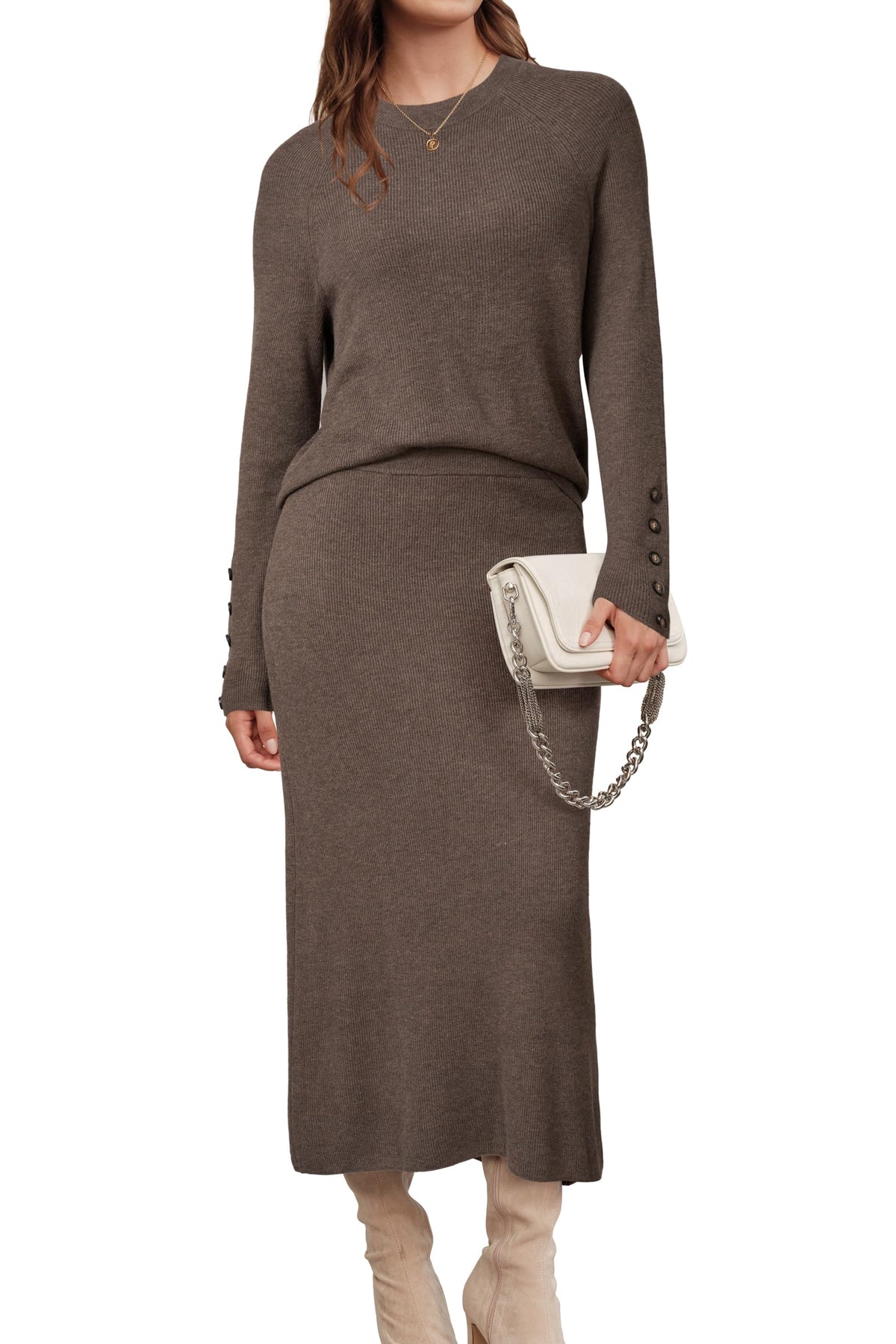 Arach&Cloz Women's Wool Blend Sweater 2 Piece Sets Winter Business Long Sleeve Top Midi Skirts Outfits 2025