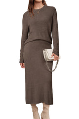 Arach&Cloz Women's Wool Blend Sweater 2 Piece Sets Winter Business Long Sleeve Top Midi Skirts Outfits 2025