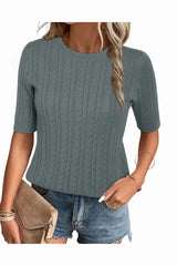 Arach&Cloz Women's Summer Fall Scalloped Lace Cuff Crewneck Tops Textured Shirts