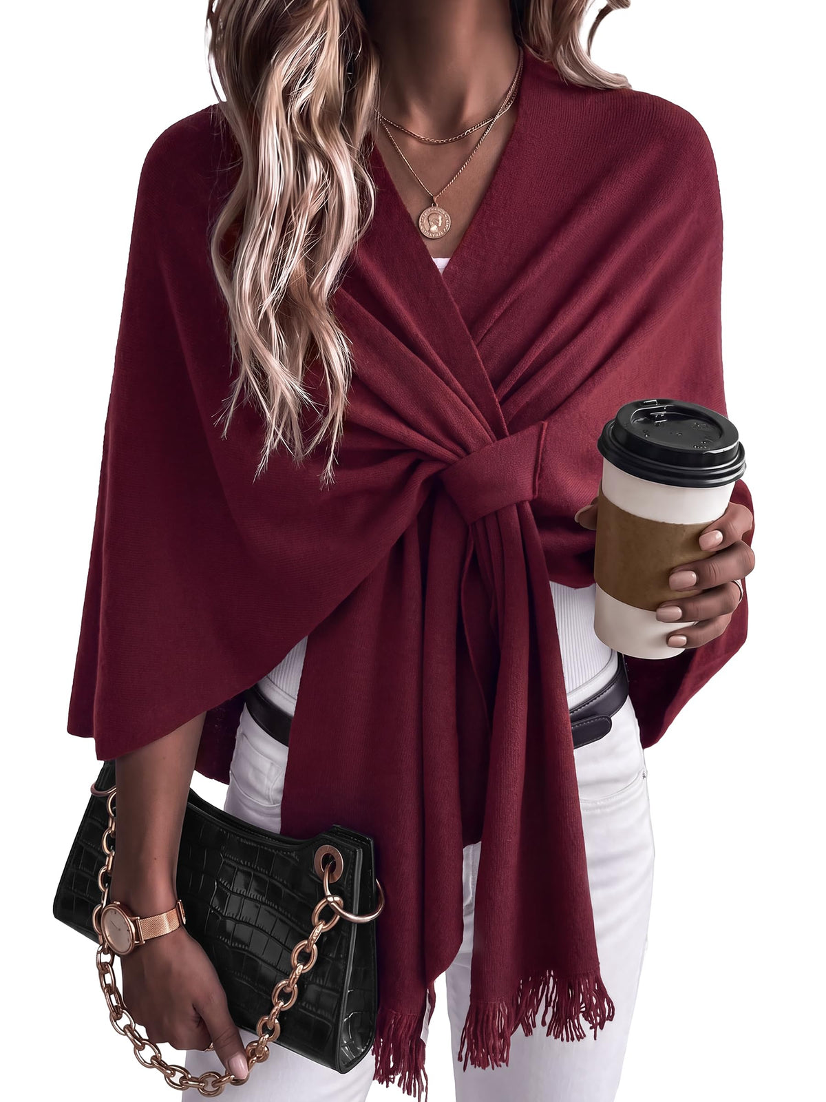 Arach&Cloz Wool-Blend Loop-Front Fringe Shawl — Dark red, looped front with fringe hem
