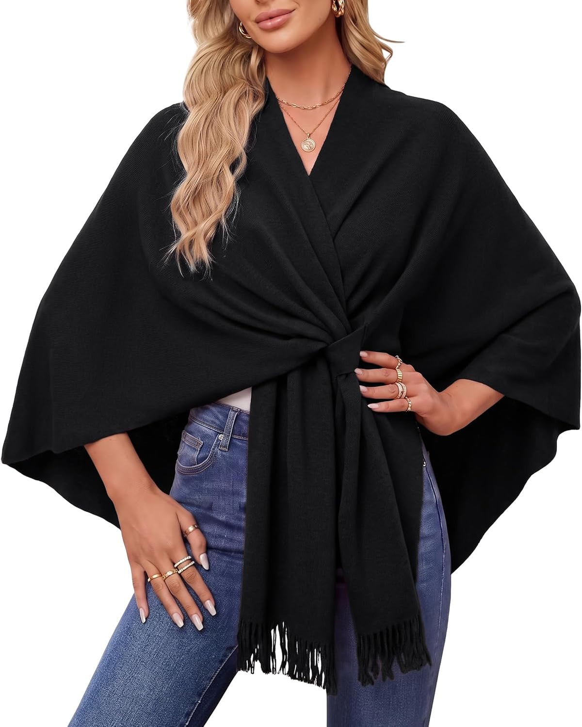 Arach&Cloz Wool-Blend Loop-Front Fringe Shawl — Black, draped loop-front styling with jeans