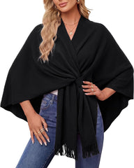 Arach&Cloz Wool-Blend Loop-Front Fringe Shawl — Black, draped loop-front styling with jeans