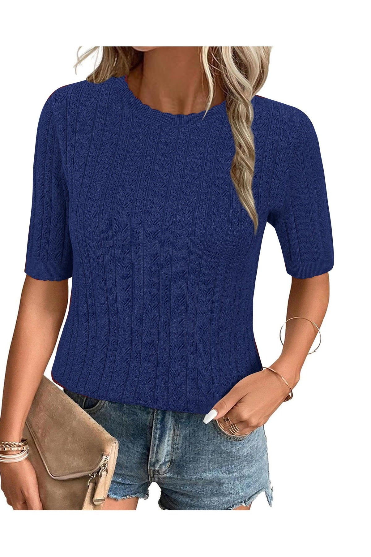 Arach&Cloz Women's Summer Fall Scalloped Lace Cuff Crewneck Tops Textured Shirts