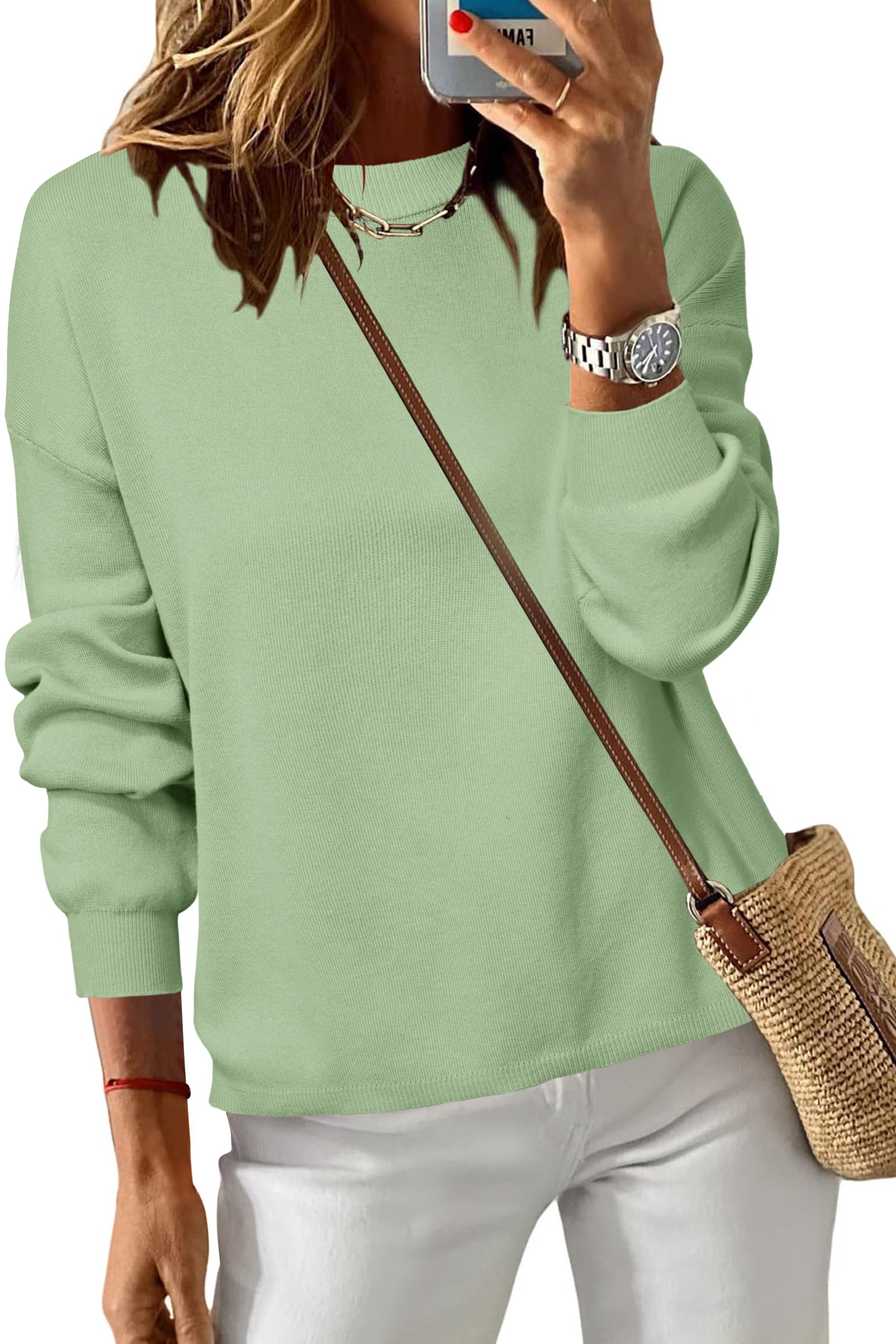 Arach&Cloz Women's 100% Cotton Crew Neck Fall Casual Relaxed Fit Sweater Tops 2025