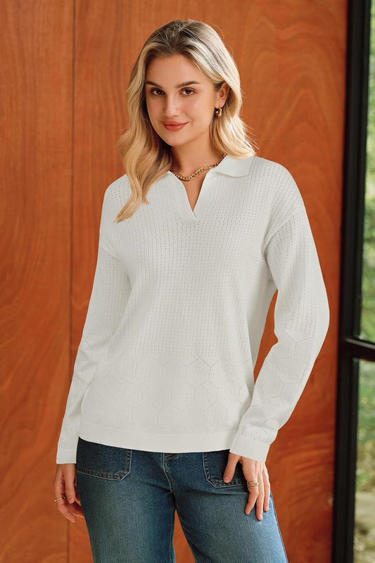 Arach&Cloz Women's 100% Cotton Collared V Neck Eyelet Knit Spring Polo Shirts 2026