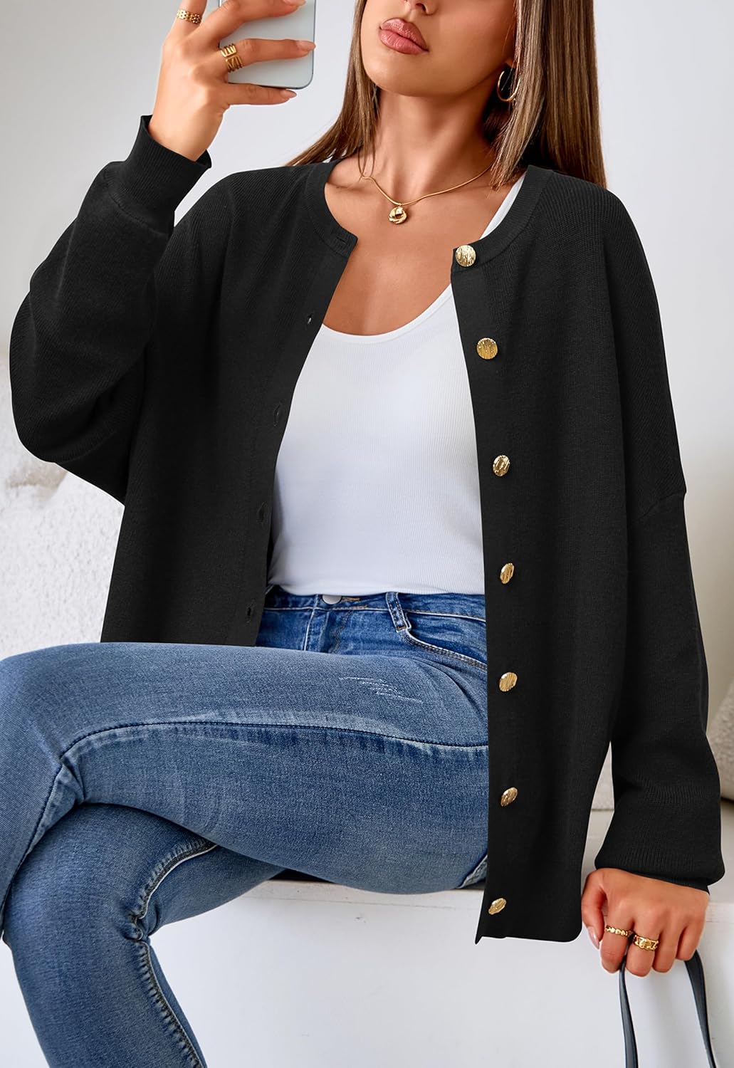 Arach&Cloz Wool-Blend Button-Front Oversized Cardigan — product image 2