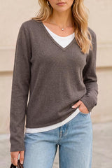 Arach&Cloz Women's Wool Blend 2 in 1 Patchwork V Neck Casual Sweater Tops