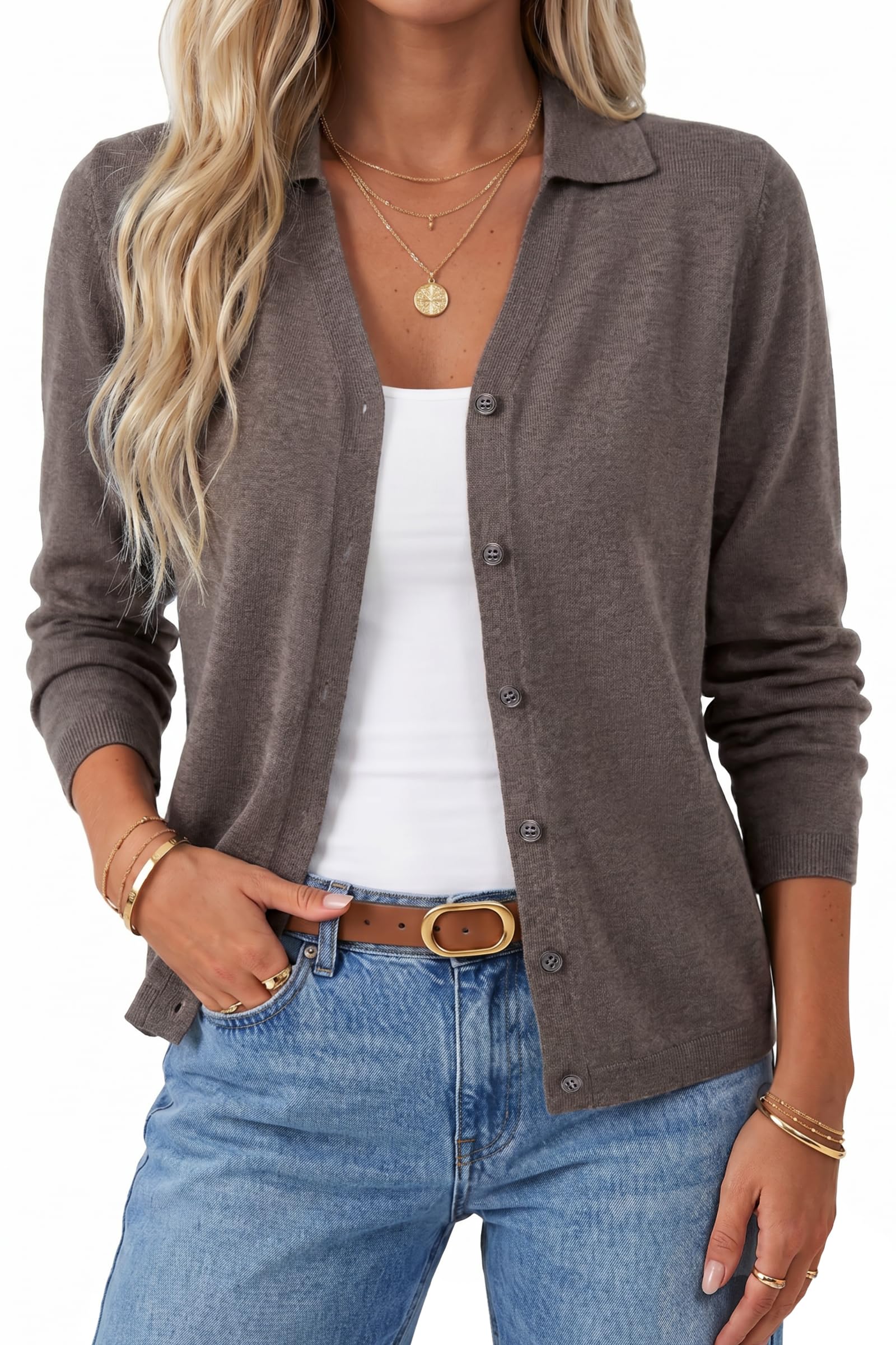 Arach&Cloz Women's Wool Blend Collared Neck Business Casual Cardigan 2026