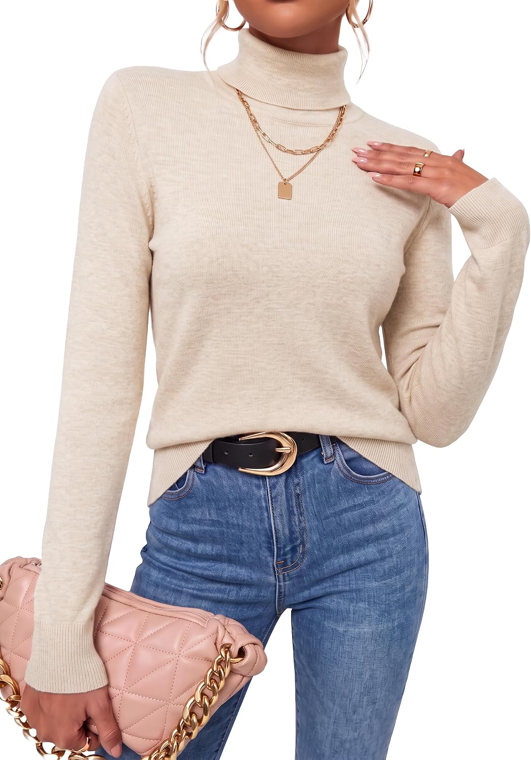 Arach&Cloz Wool-Blend Foldover Turtleneck Pullover — Beige, front view styled with blue jeans