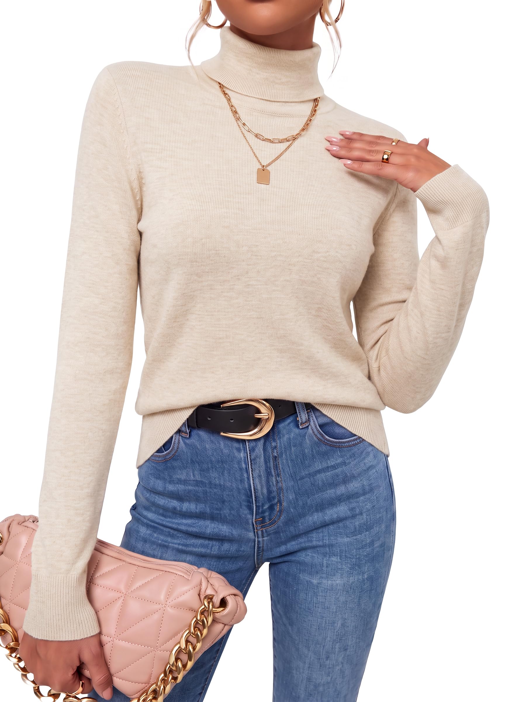 Arach&Cloz Wool-Blend Foldover Turtleneck Pullover — Beige, front view styled with blue jeans
